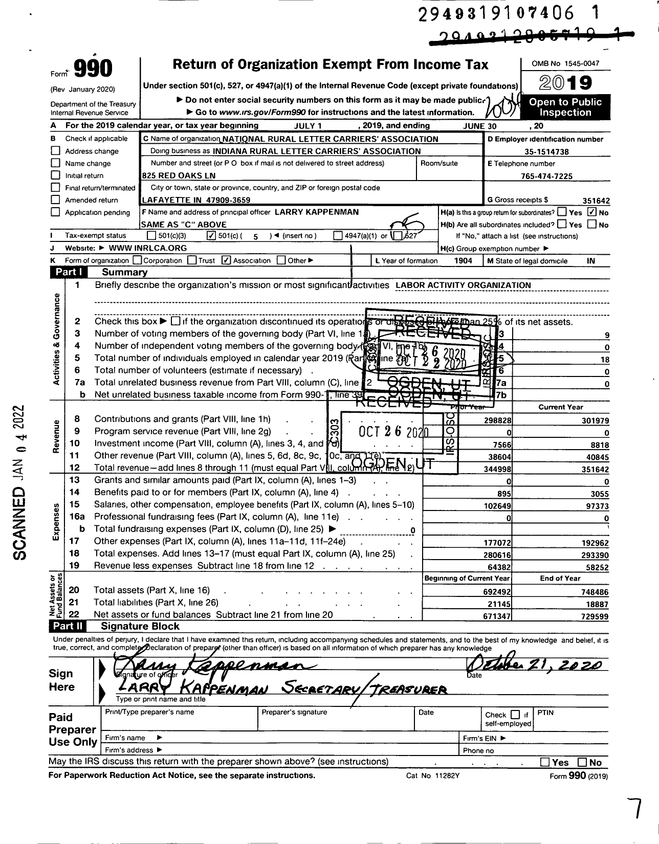 Image of first page of 2019 Form 990O for National Rural Letter Carriers Association - National Rural Letter Carriers Indiana Rural Letter Carriers Assn