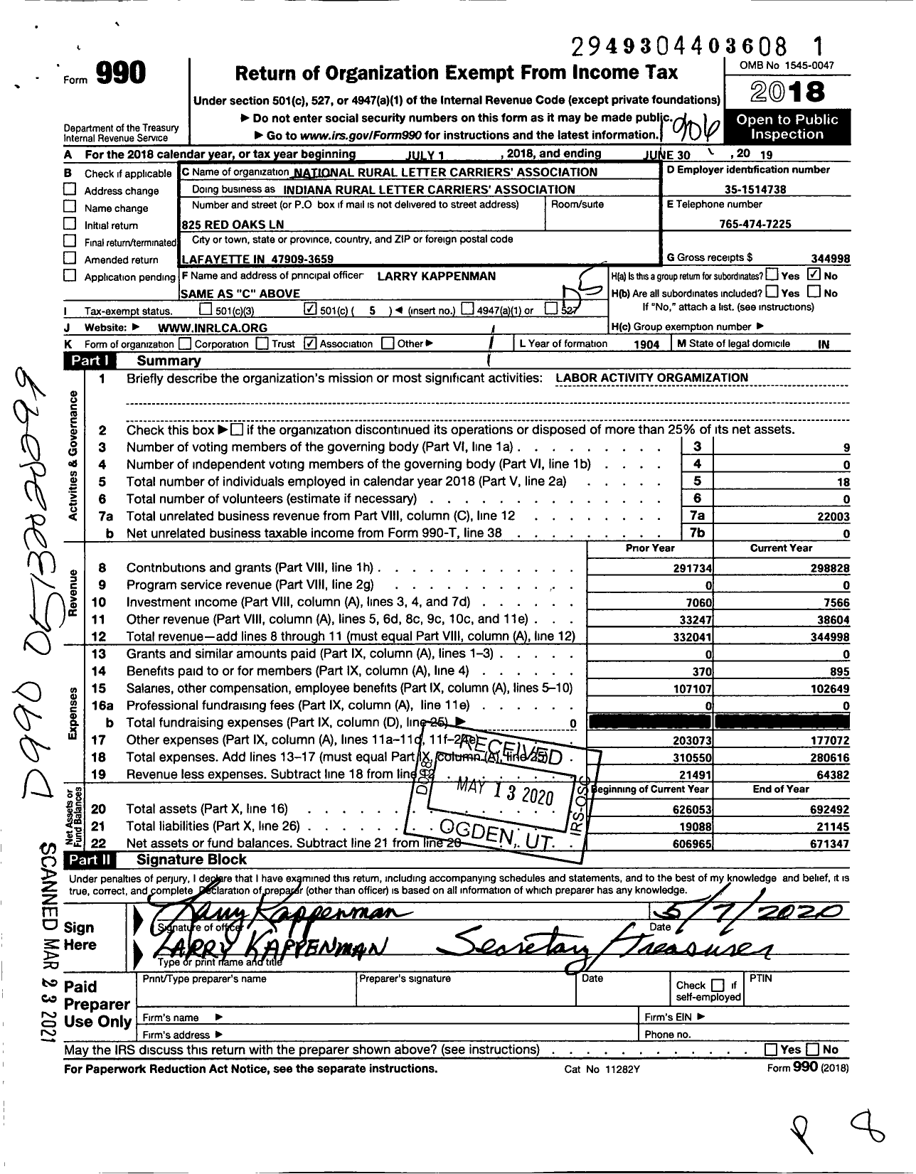 Image of first page of 2018 Form 990O for National Rural Letter Carriers Association - National Rural Letter Carriers Indiana Rural Letter Carriers Assn