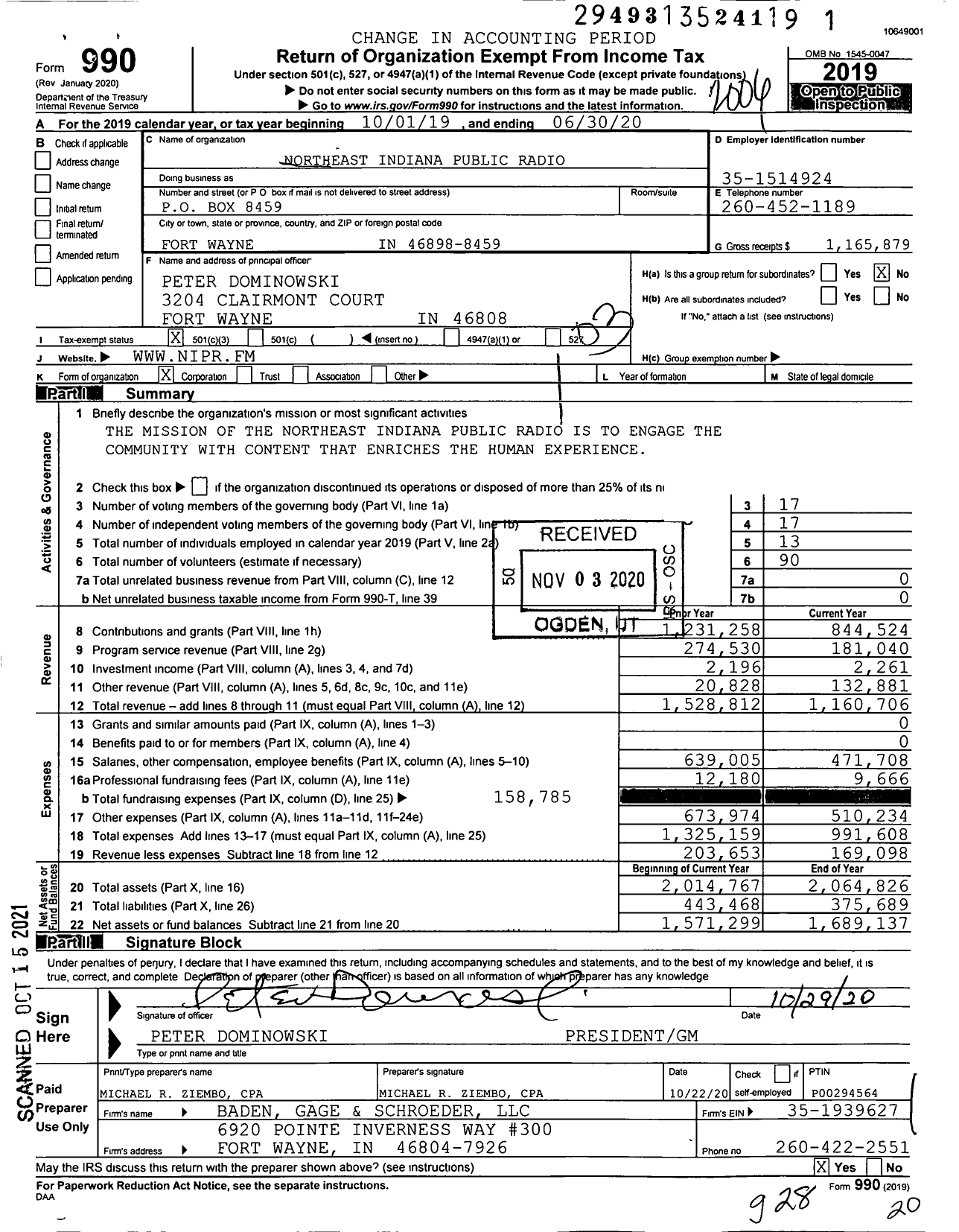 Image of first page of 2019 Form 990 for Northeast Indiana Public Radio (NIPR)