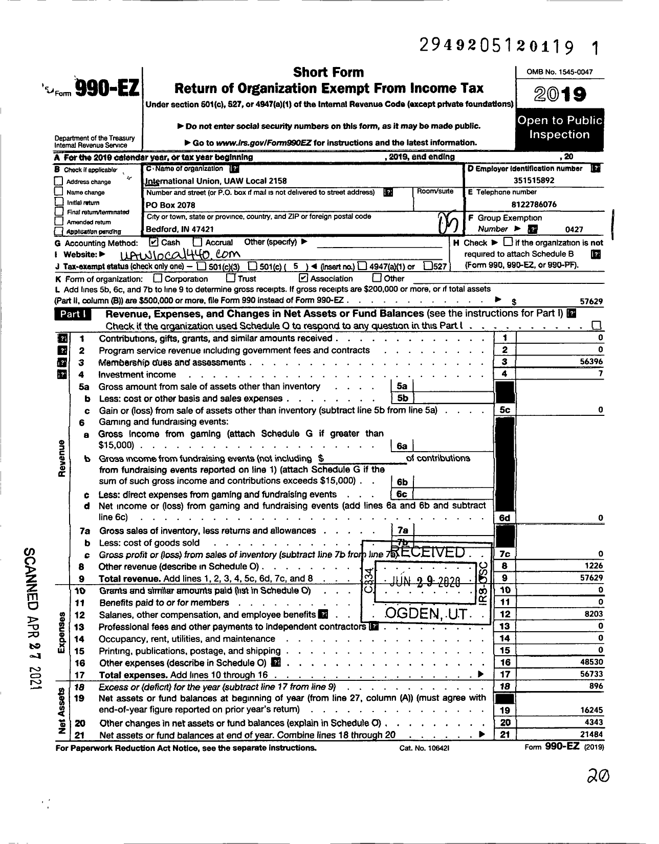 Image of first page of 2019 Form 990EO for Uaw - International Union United Auto Aerospace and Agricultural Workers