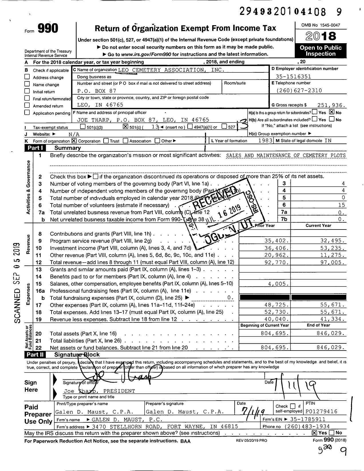 Image of first page of 2018 Form 990O for Leo Cemetery Association