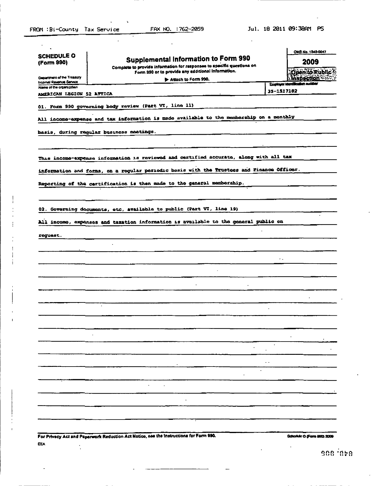 Image of first page of 2009 Form 990OR for American Legion - 52 Attica