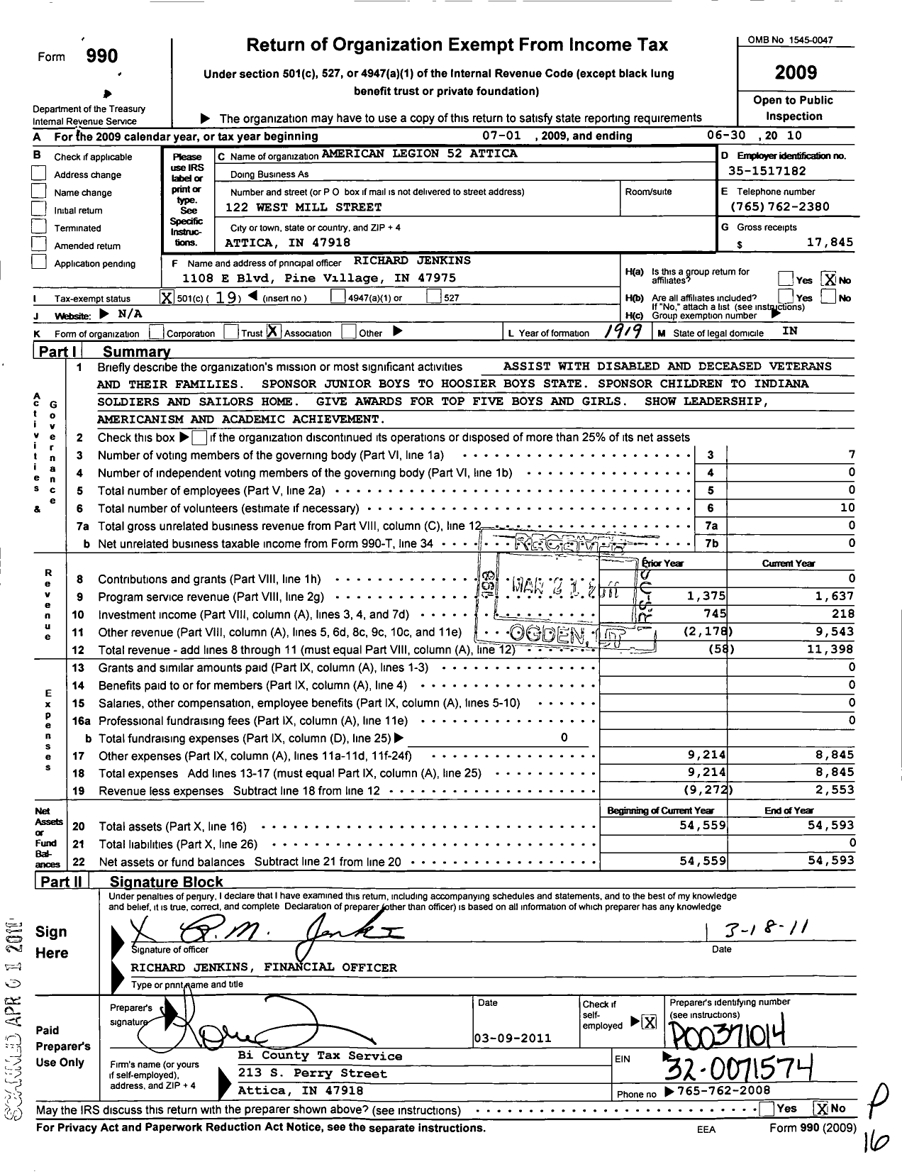 Image of first page of 2009 Form 990O for American Legion - 52 Attica