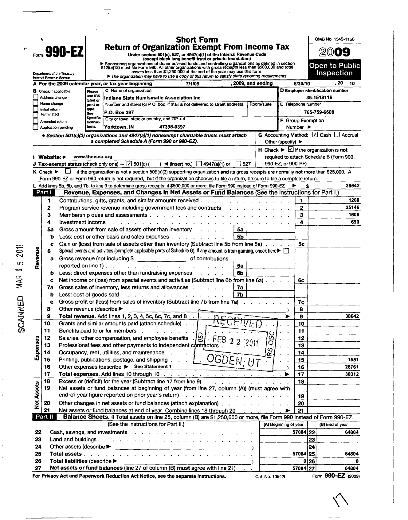 Image of first page of 2009 Form 990EO for Indiana State Numismatic Association Incorporated