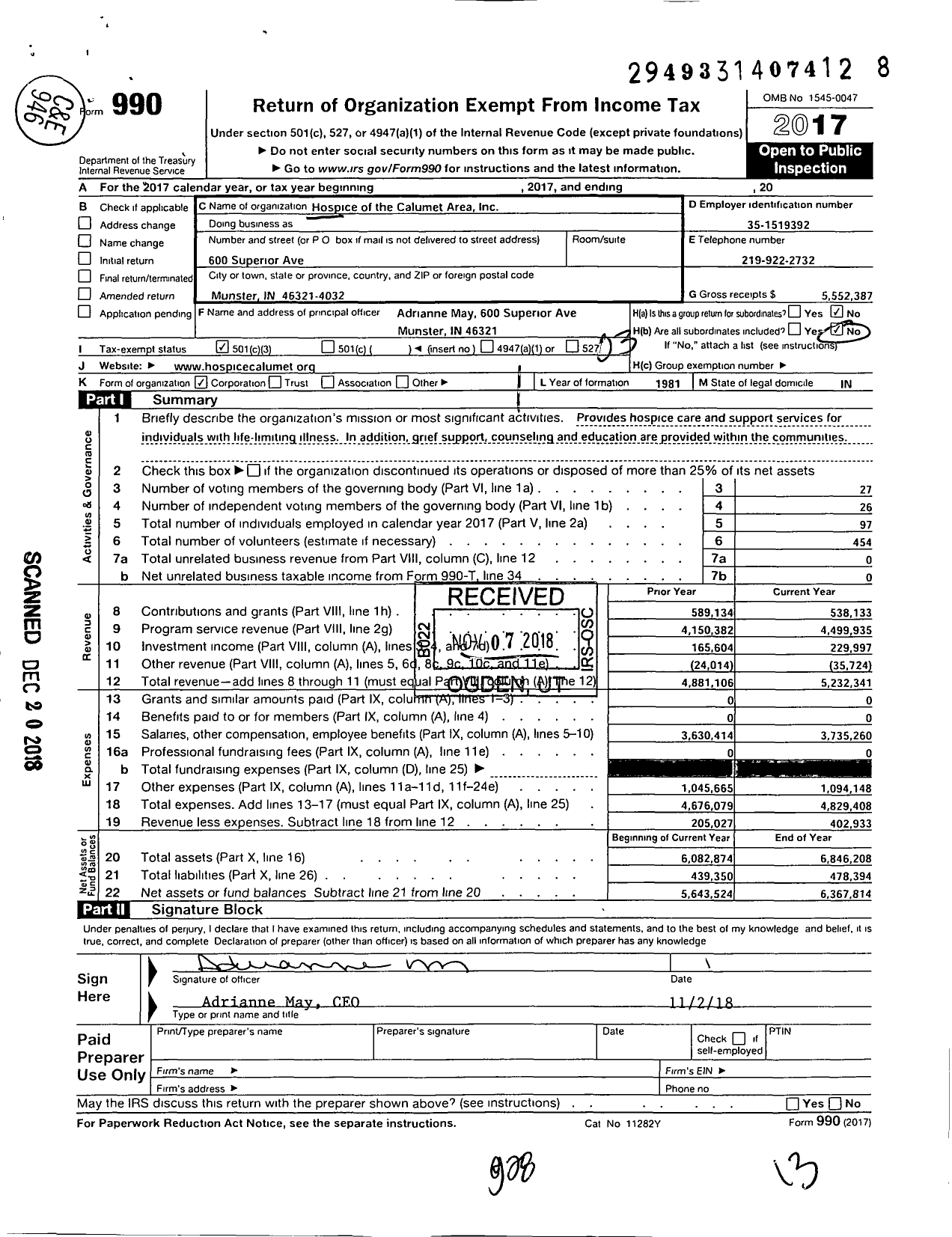 Image of first page of 2017 Form 990 for Hospice of the Calumet Area