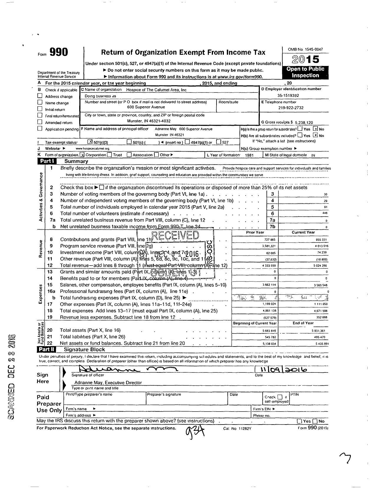 Image of first page of 2015 Form 990 for Hospice of the Calumet Area