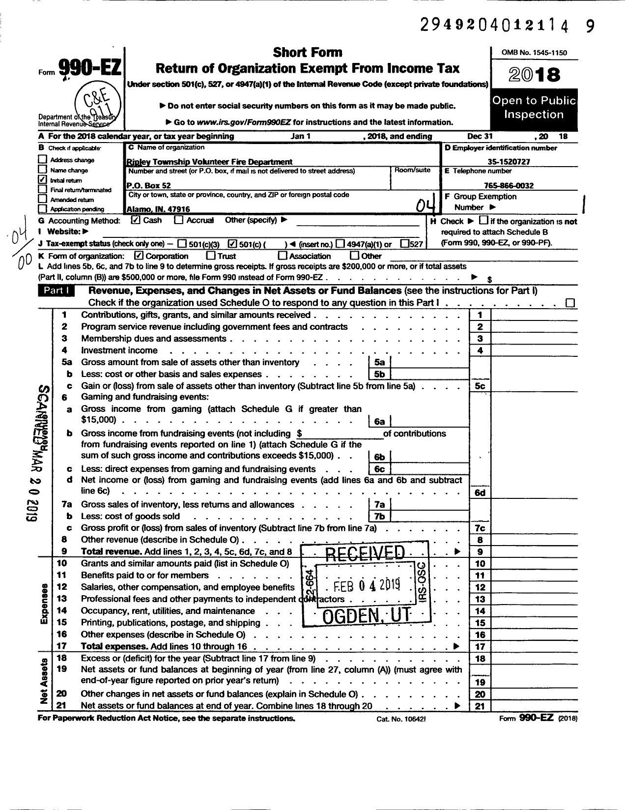 Image of first page of 2018 Form 990EO for Ripley Township Volunteer Fire Department