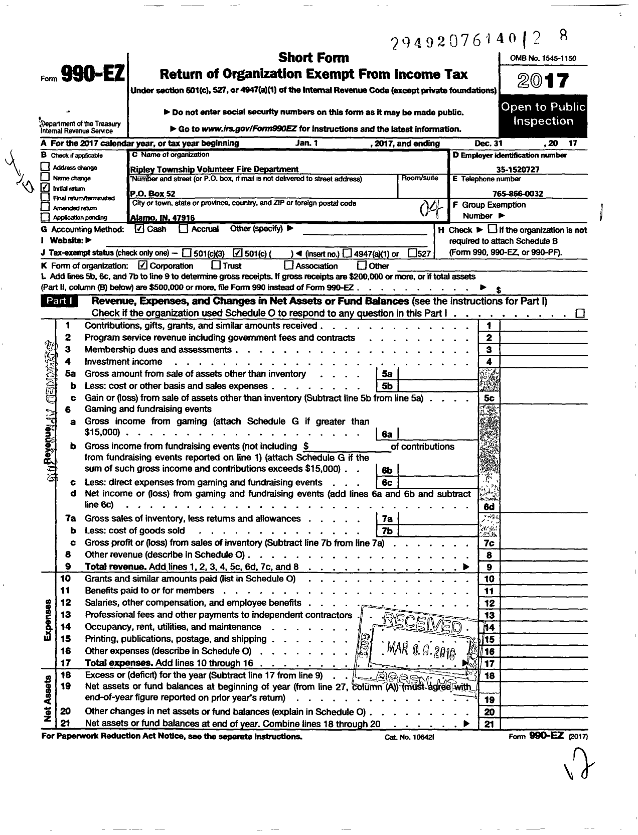 Image of first page of 2017 Form 990EO for Ripley Township Volunteer Fire Department