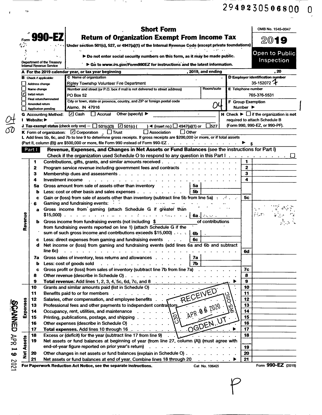 Image of first page of 2019 Form 990EO for Ripley Township Volunteer Fire Department