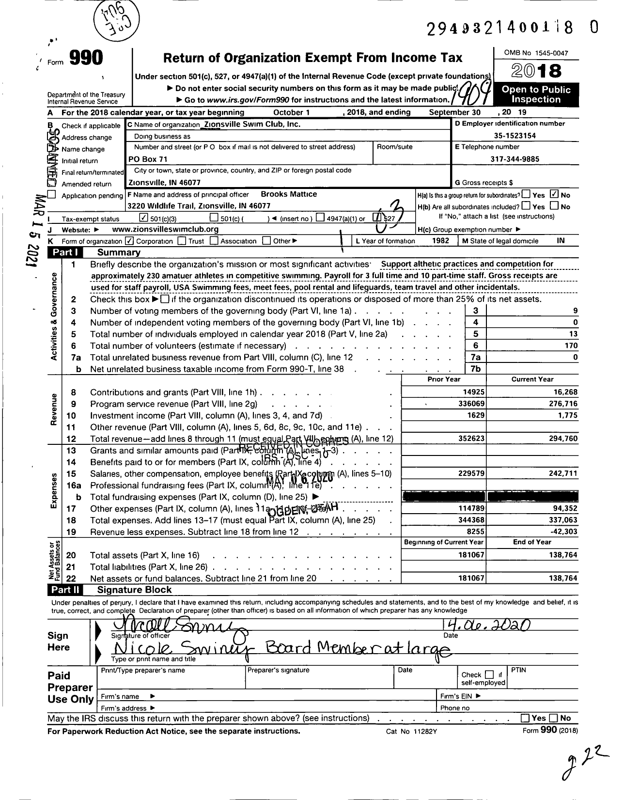 Image of first page of 2018 Form 990 for Zionsville Swim Club