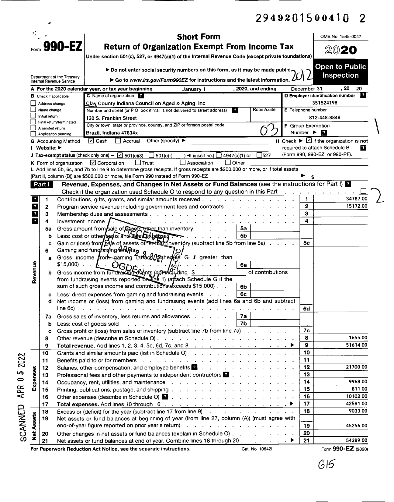 Image of first page of 2020 Form 990EZ for Clay County Indiana Council on Aged