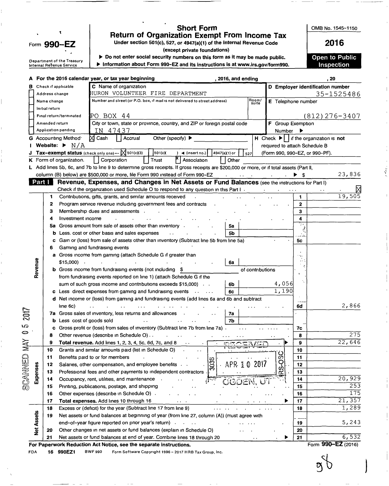 Image of first page of 2016 Form 990EZ for Huron Volunteer Fire Department