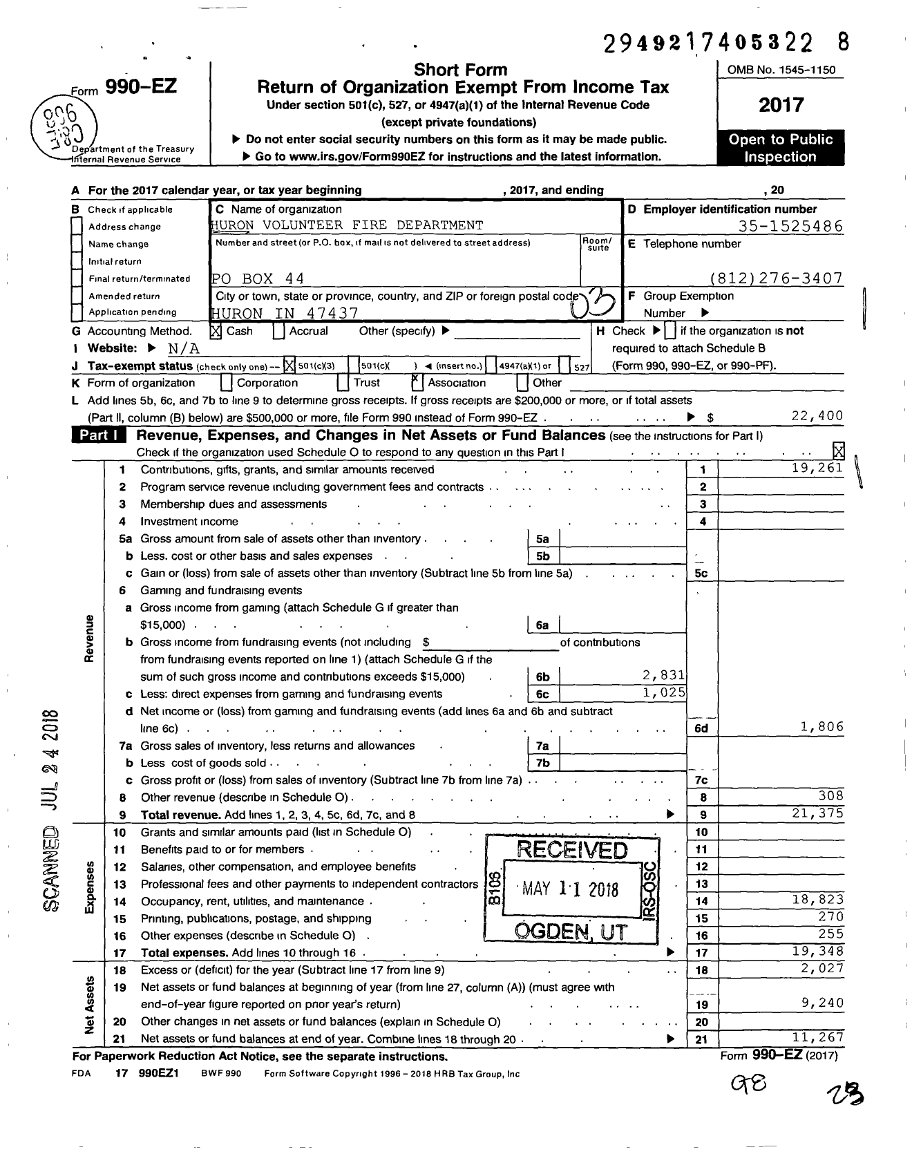 Image of first page of 2017 Form 990EZ for Huron Volunteer Fire Department