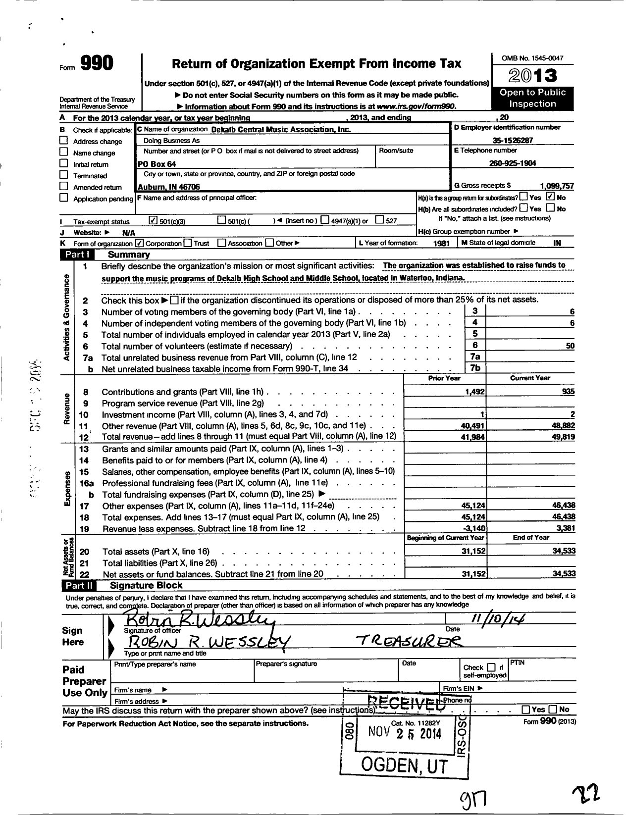 Image of first page of 2013 Form 990 for DeKalb Central Music Association (DCMA)