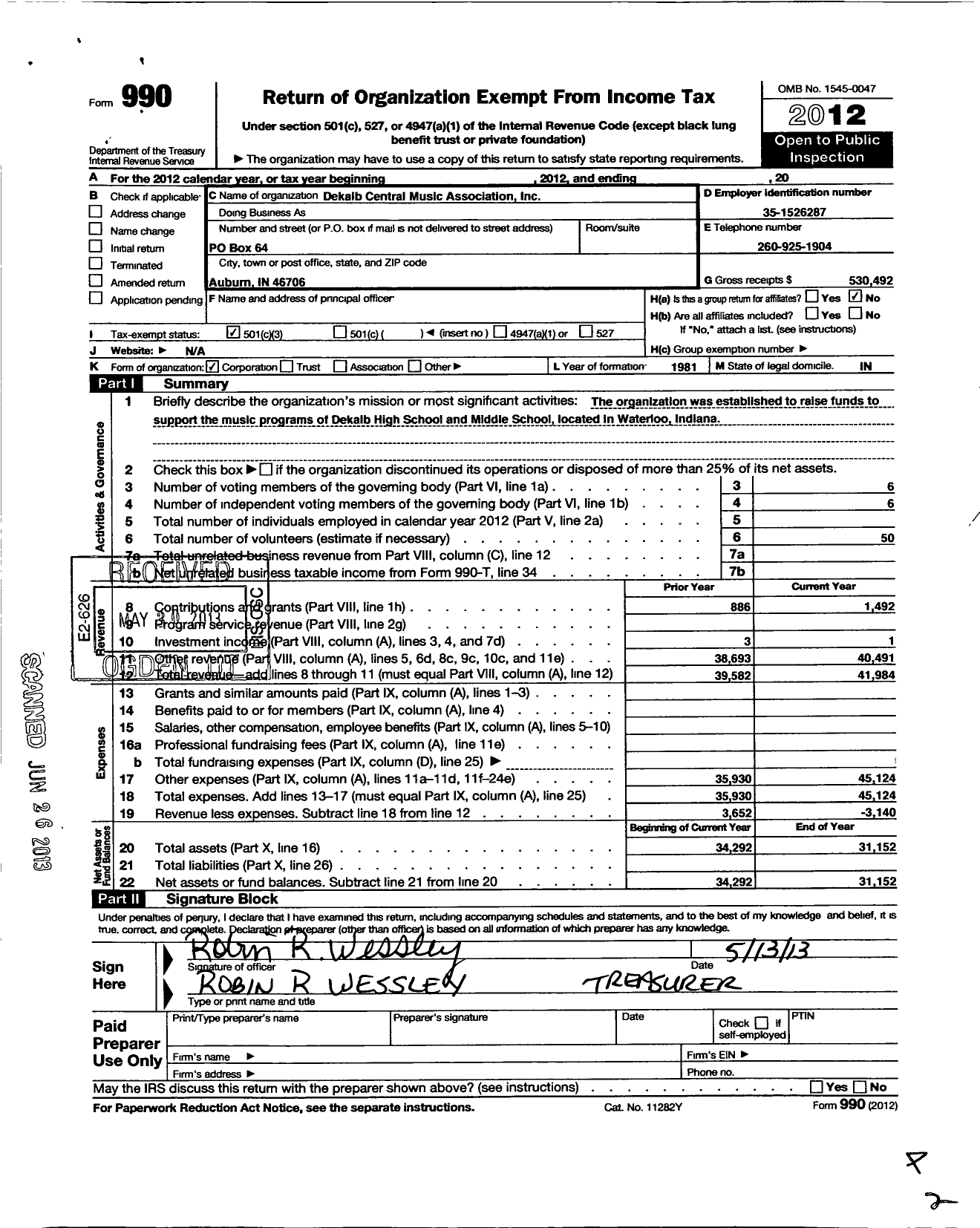 Image of first page of 2012 Form 990 for DeKalb Central Music Association (DCMA)