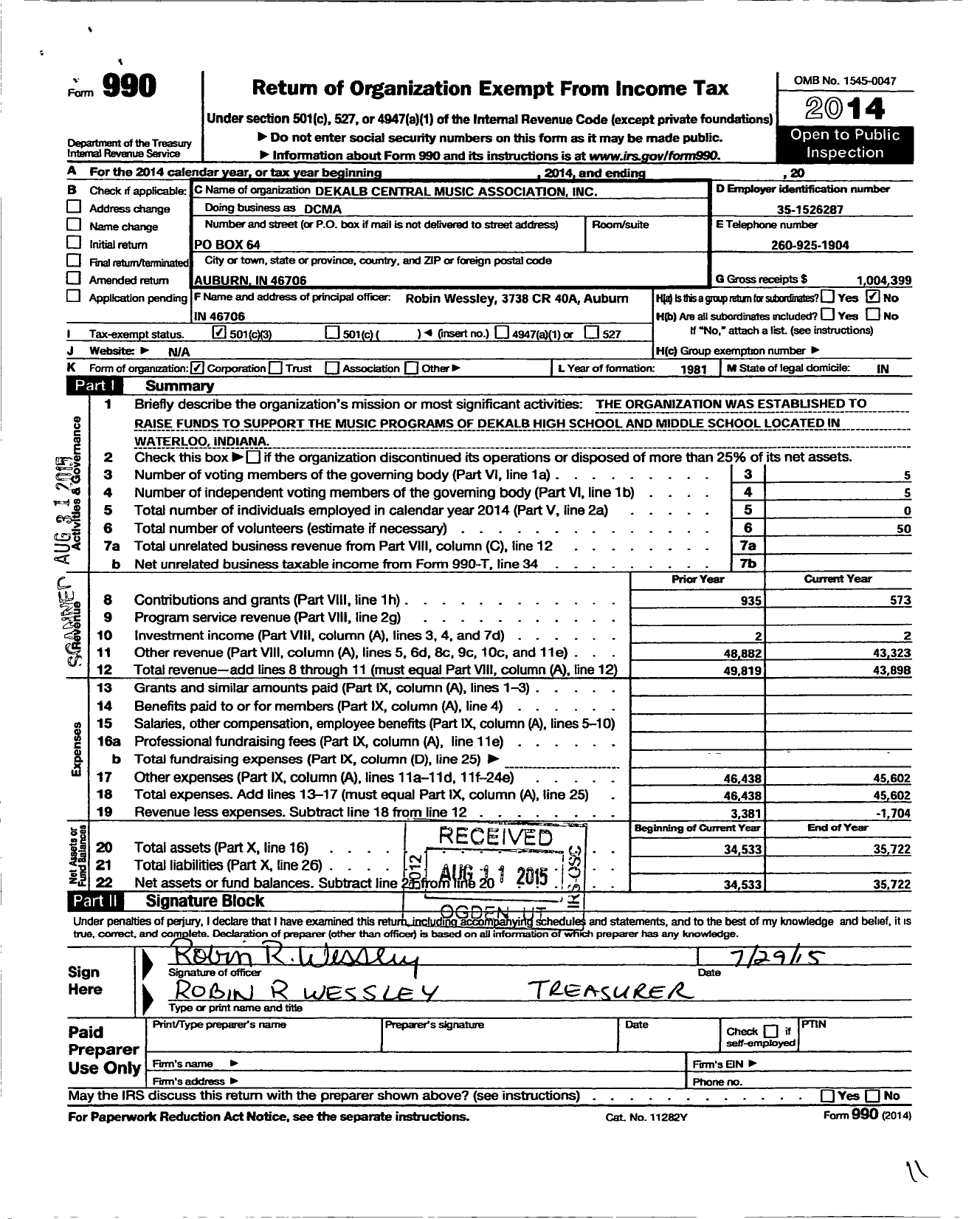 Image of first page of 2014 Form 990 for DeKalb Central Music Association (DCMA)