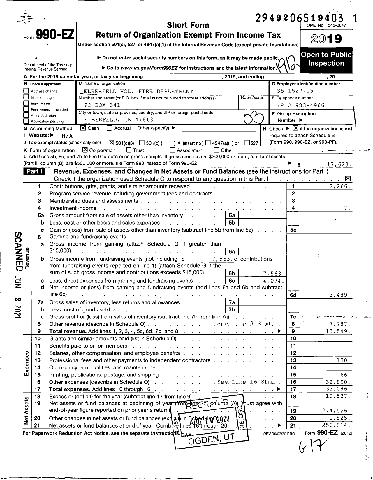 Image of first page of 2019 Form 990EZ for Elberfeld Volunteer Fire Department