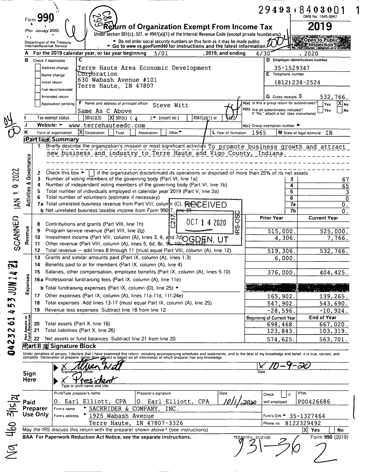 Image of first page of 2019 Form 990O for Terre Haute Area Economic Development Corporation