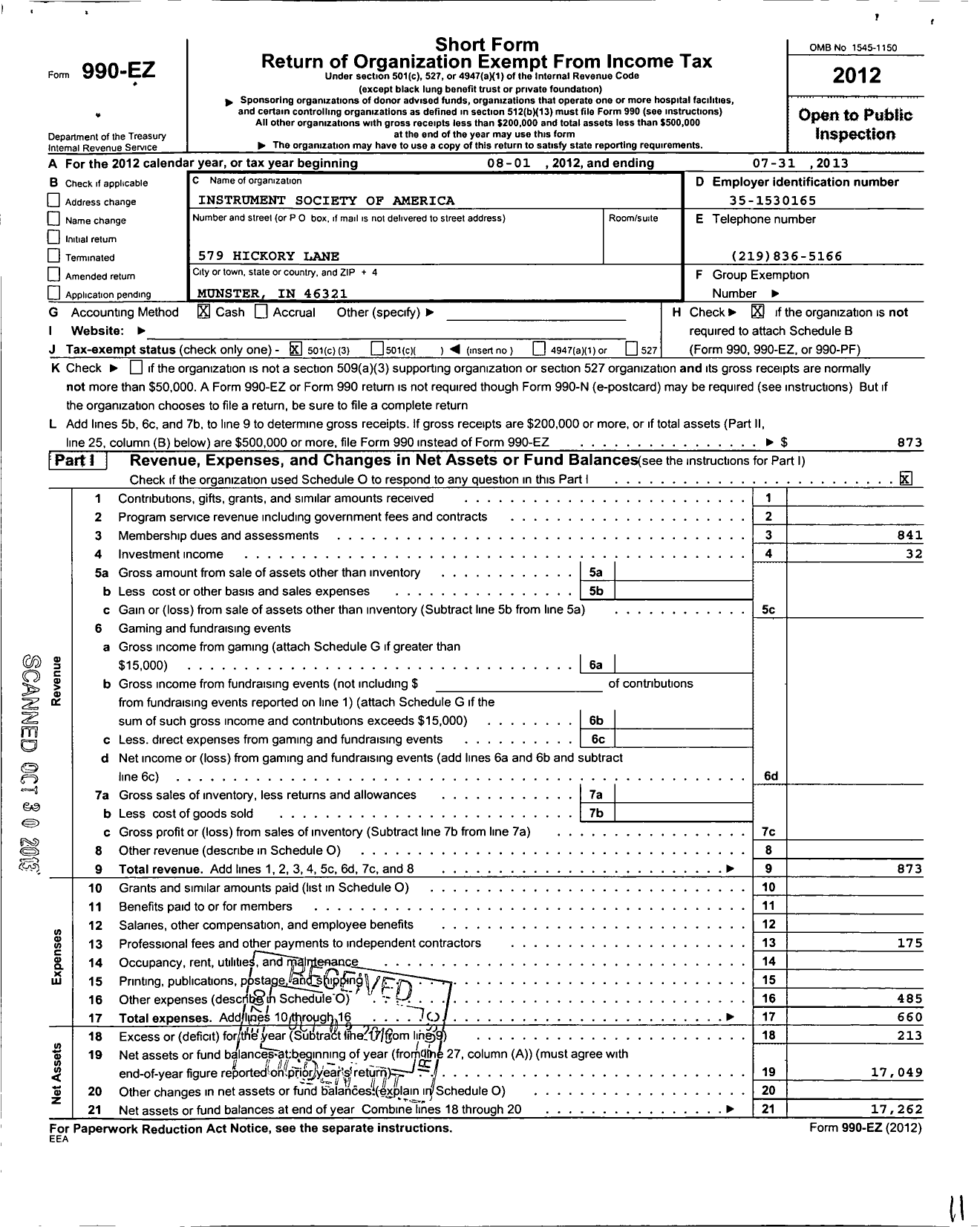 Image of first page of 2012 Form 990EZ for Isa-The Instrumentation Systems and Automation Society / Northern Indiana Section