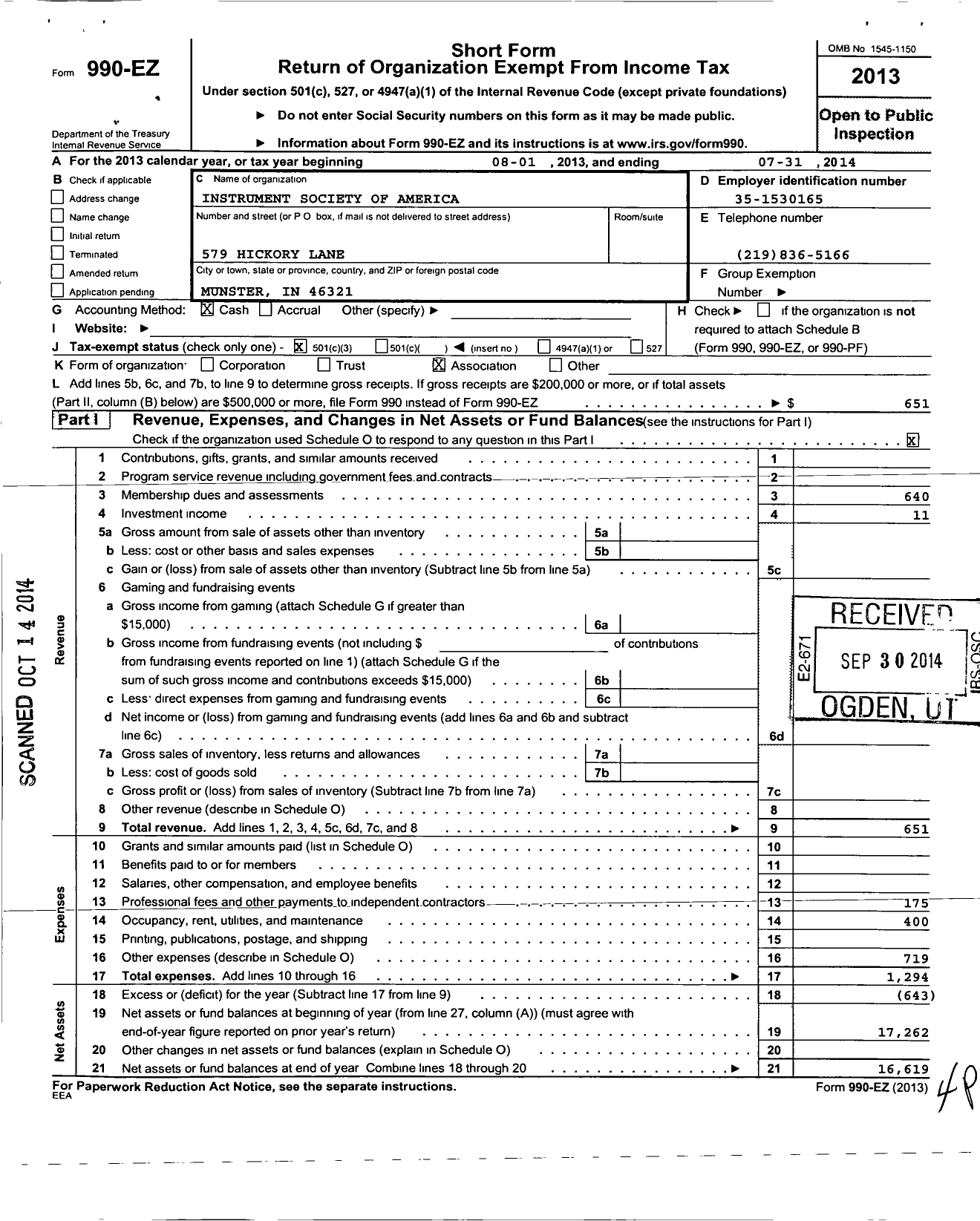 Image of first page of 2013 Form 990EZ for Isa-The Instrumentation Systems and Automation Society / Northern Indiana Section