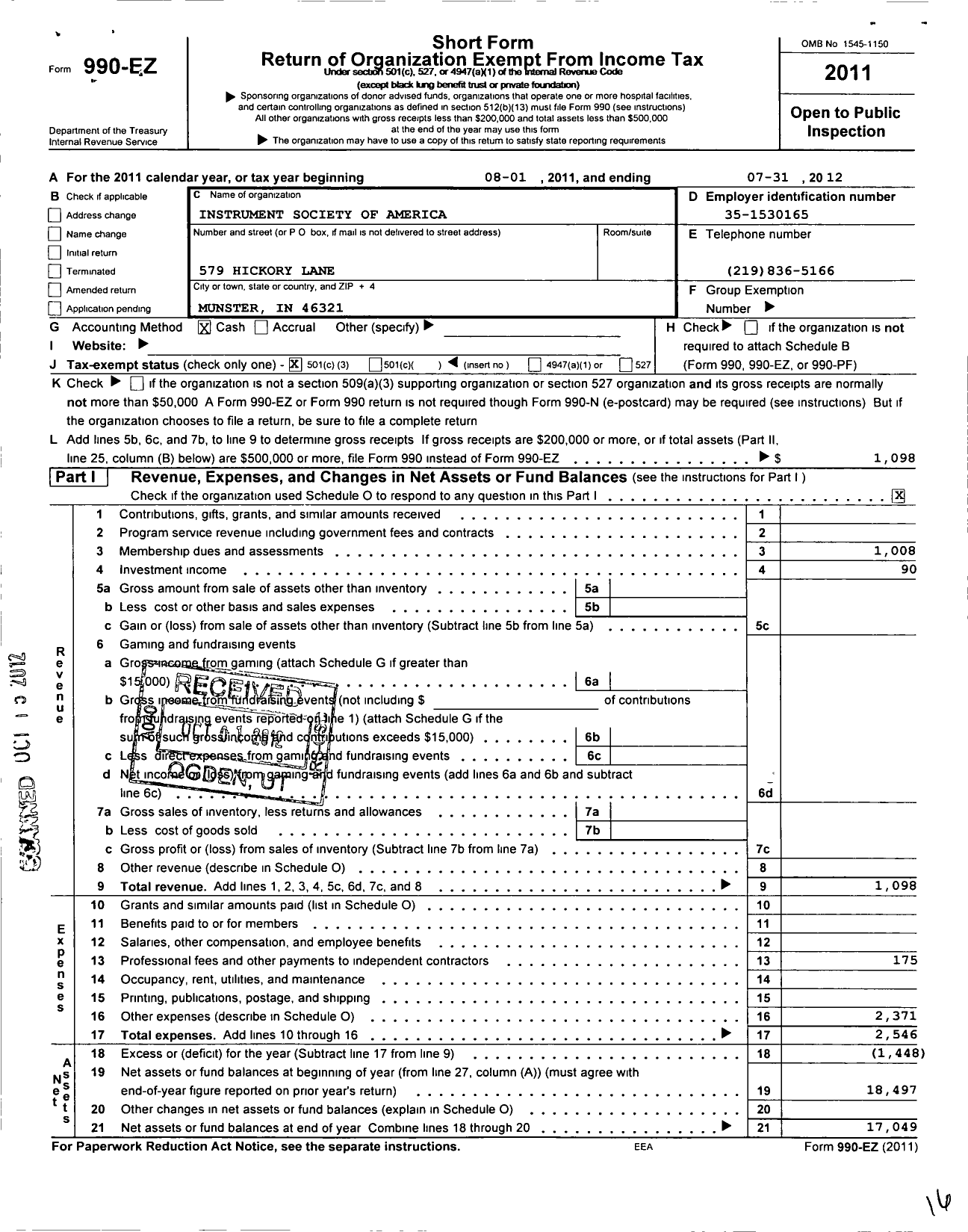 Image of first page of 2011 Form 990EZ for Isa-The Instrumentation Systems and Automation Society / Northern Indiana Section