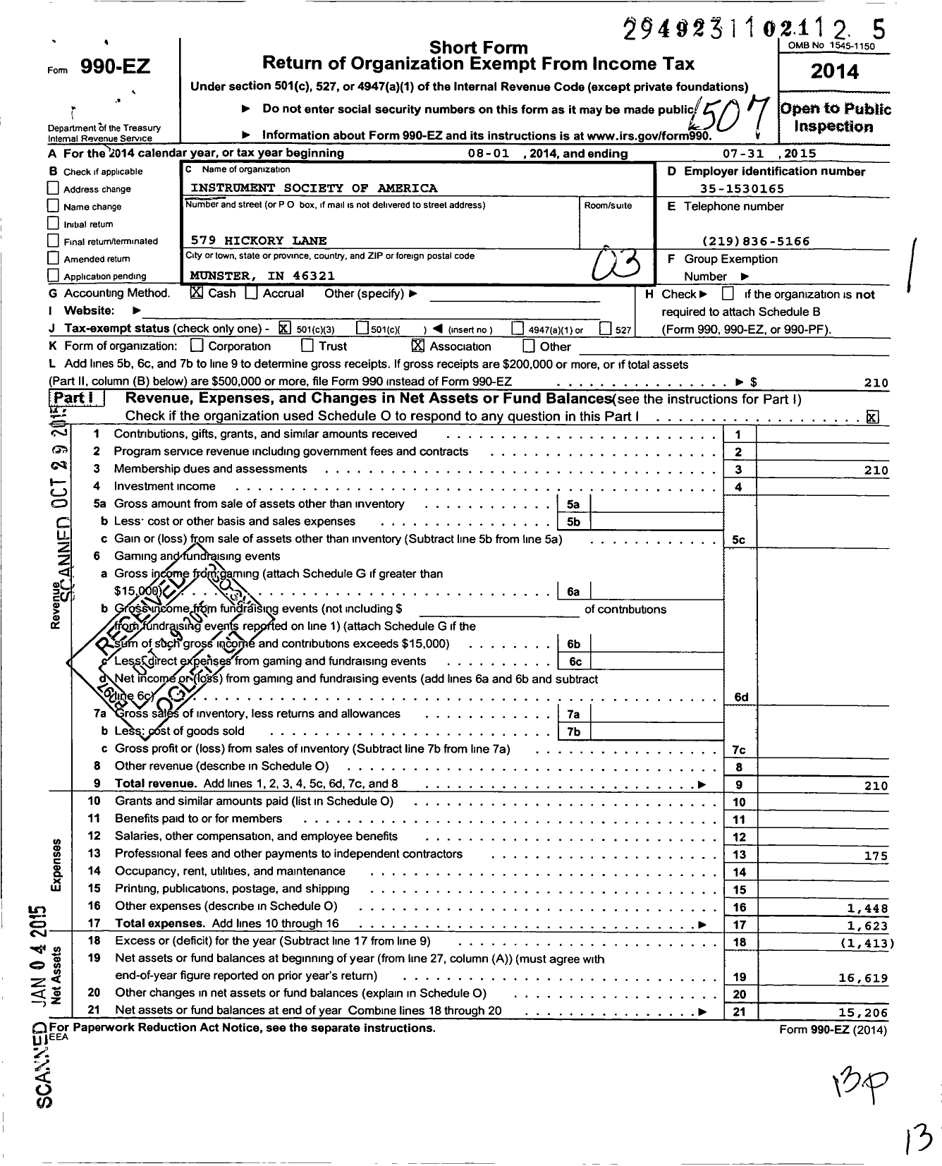 Image of first page of 2014 Form 990EZ for Isa-The Instrumentation Systems and Automation Society / Northern Indiana Section