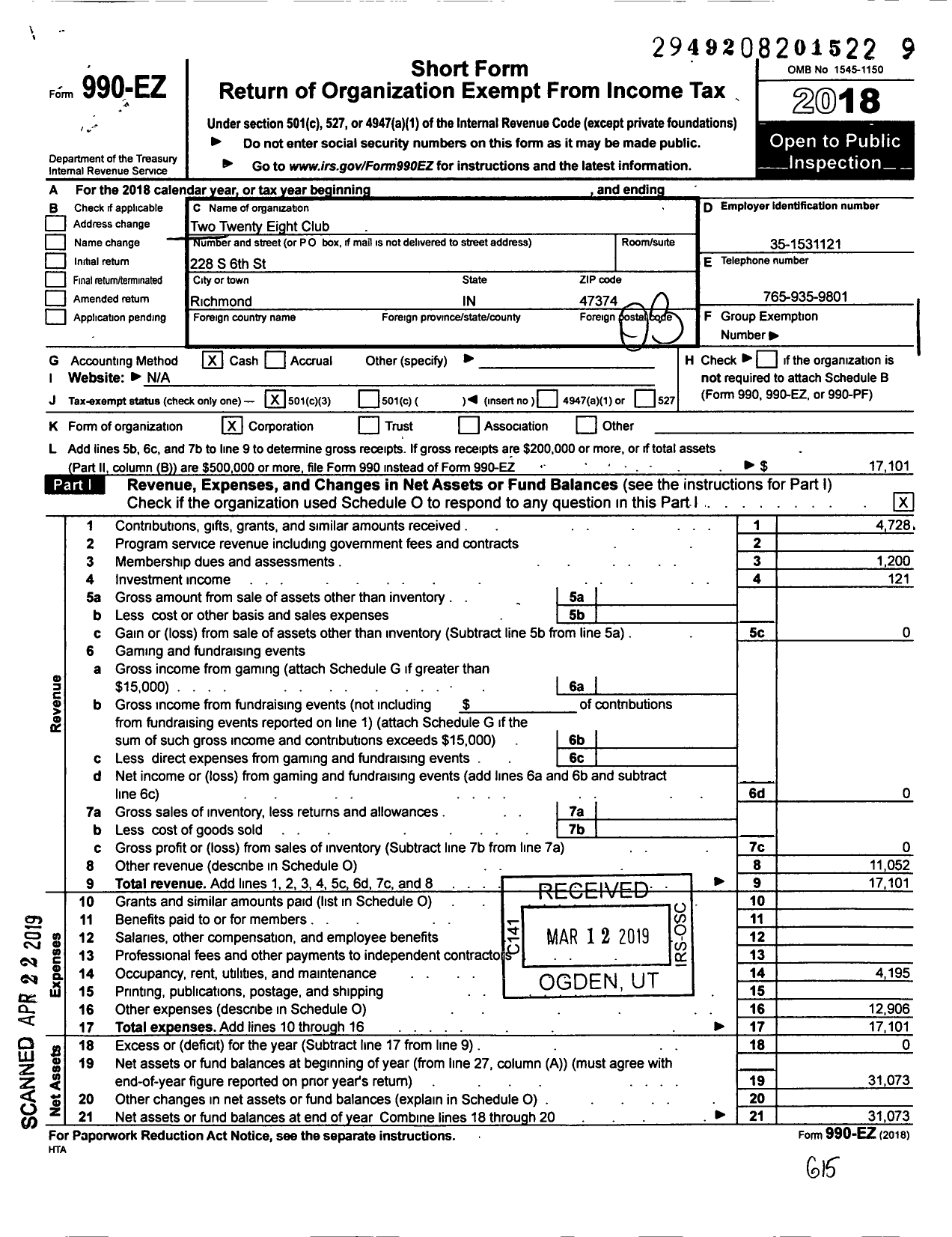 Image of first page of 2018 Form 990EZ for Two Twenty Eight Club