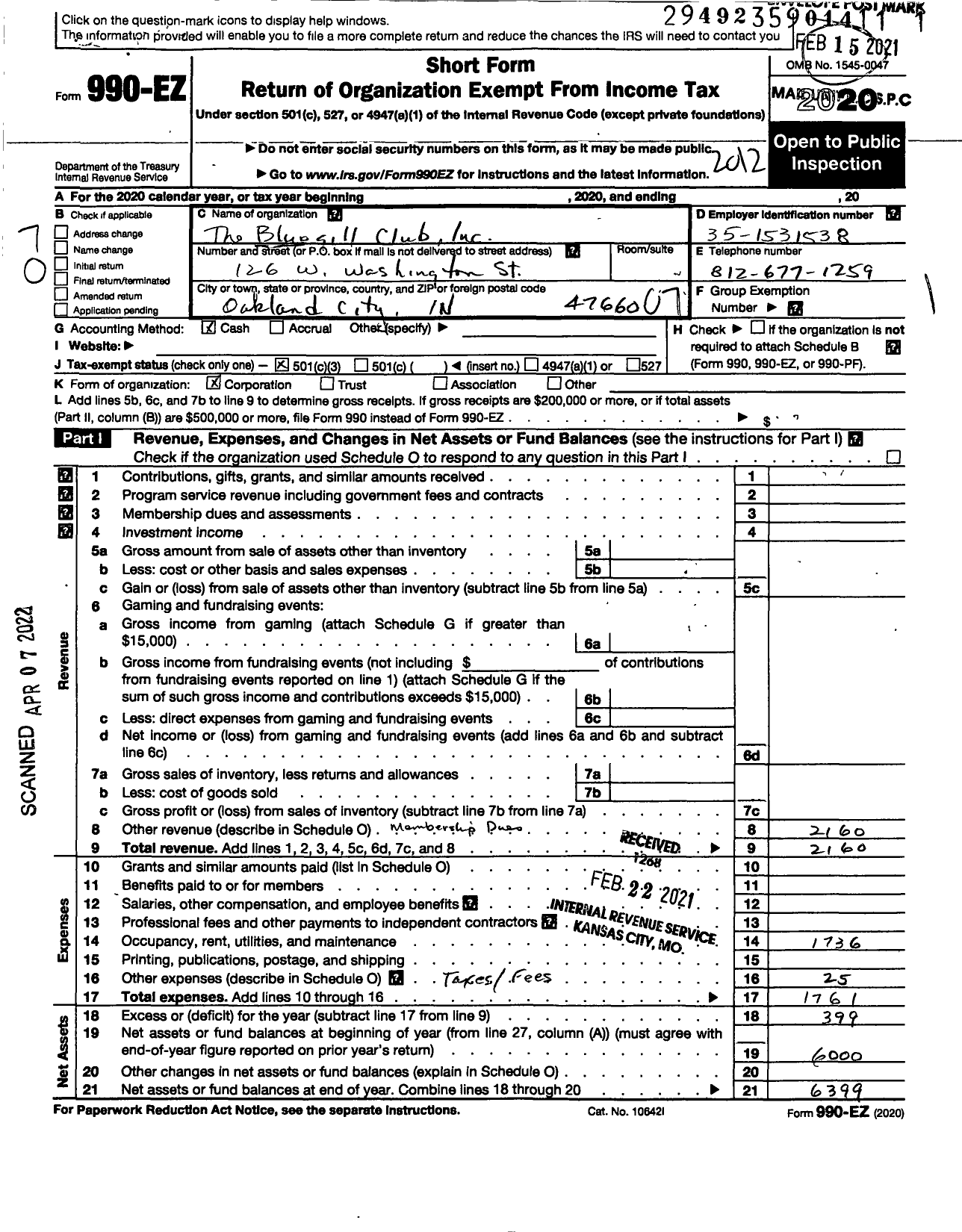 Image of first page of 2020 Form 990EO for Bluegill Club