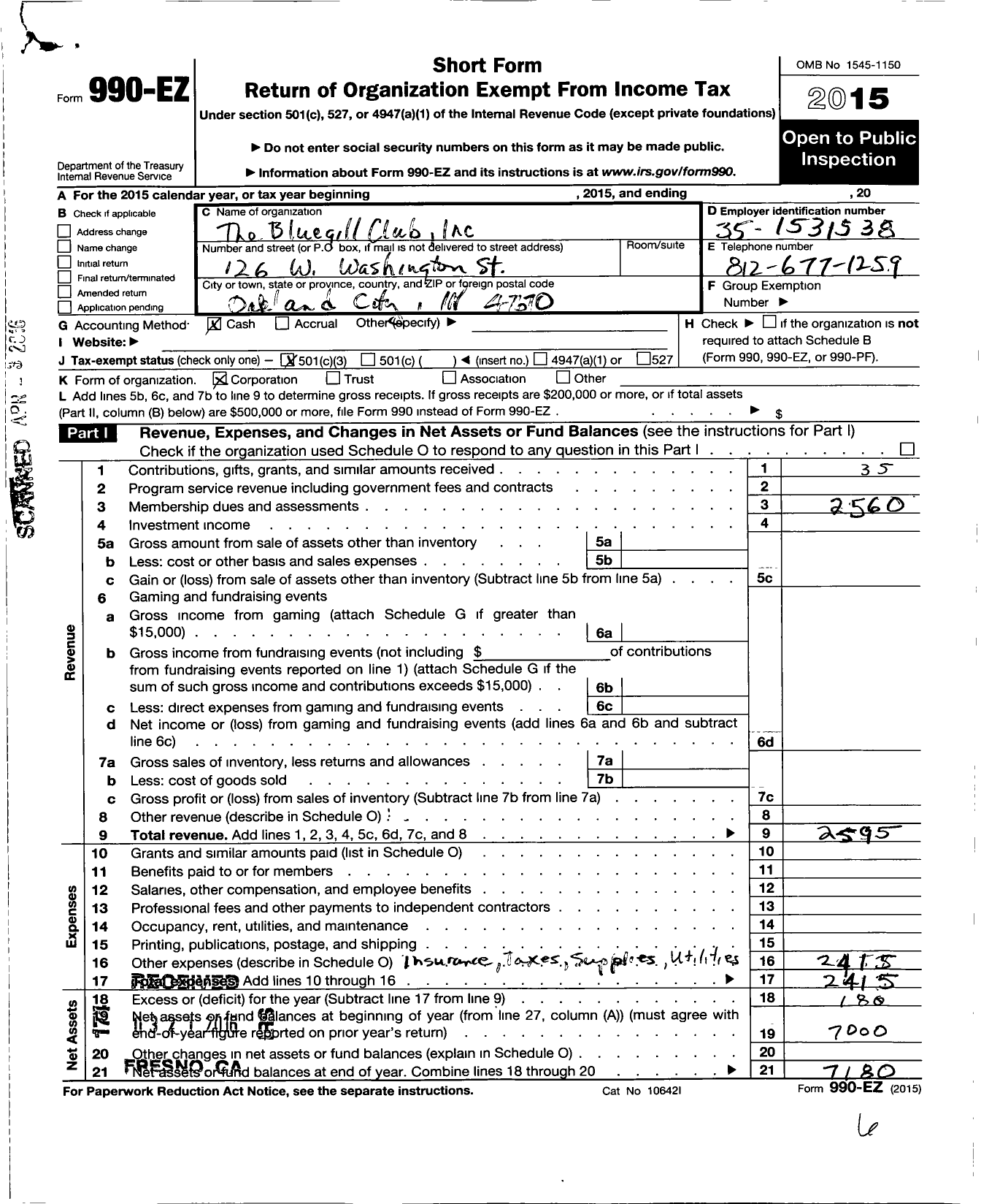 Image of first page of 2015 Form 990EZ for Bluegill Club