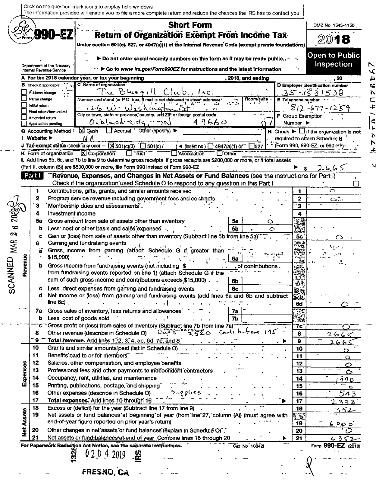 Image of first page of 2018 Form 990EO for Bluegill Club