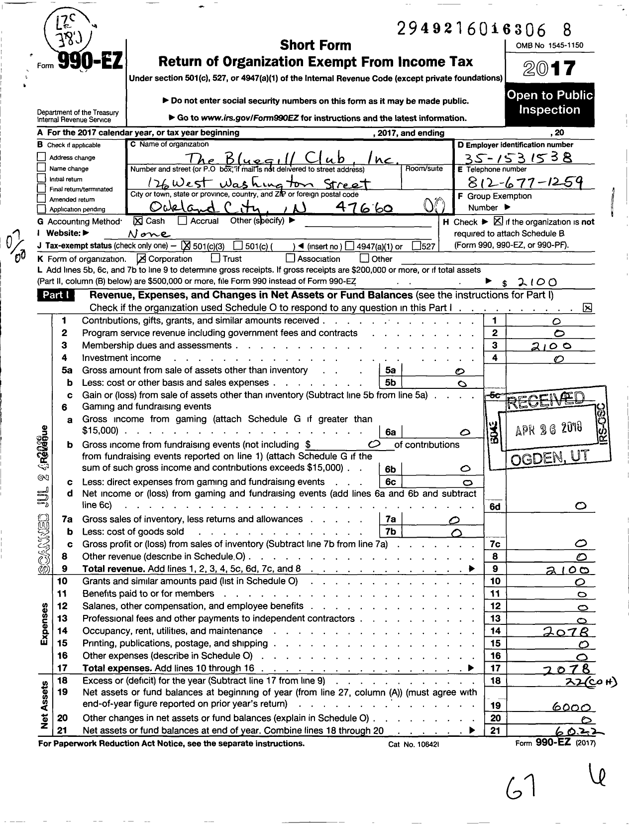 Image of first page of 2017 Form 990EO for Bluegill Club