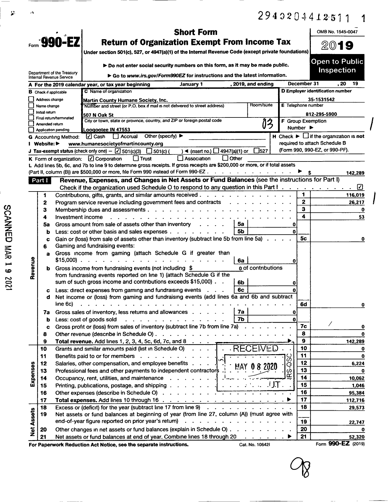 Image of first page of 2019 Form 990EZ for Martin County Humane Society