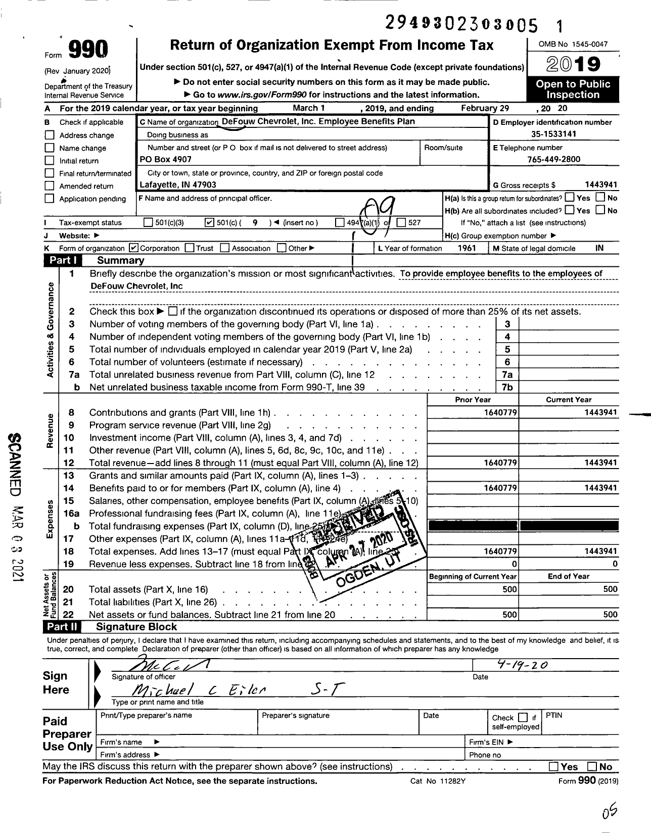 Image of first page of 2019 Form 990O for Defouw Chevrolet Employee Benefits Plan