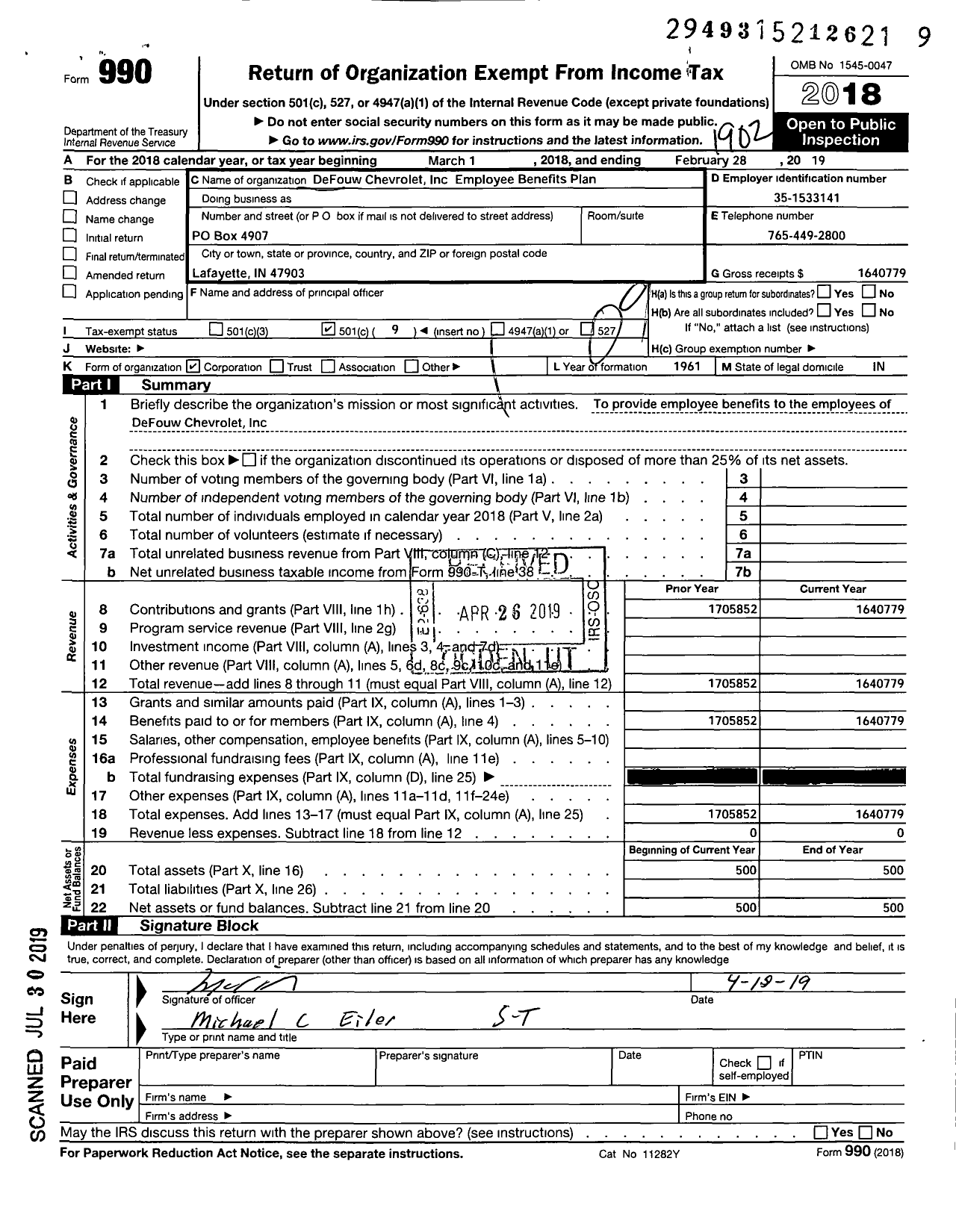 Image of first page of 2018 Form 990O for Defouw Chevrolet Employee Benefits Plan