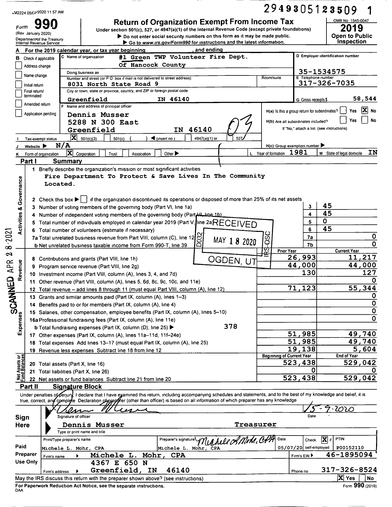 Image of first page of 2019 Form 990 for 1 Green TWP Volunteer Fire Dept of Hancock County