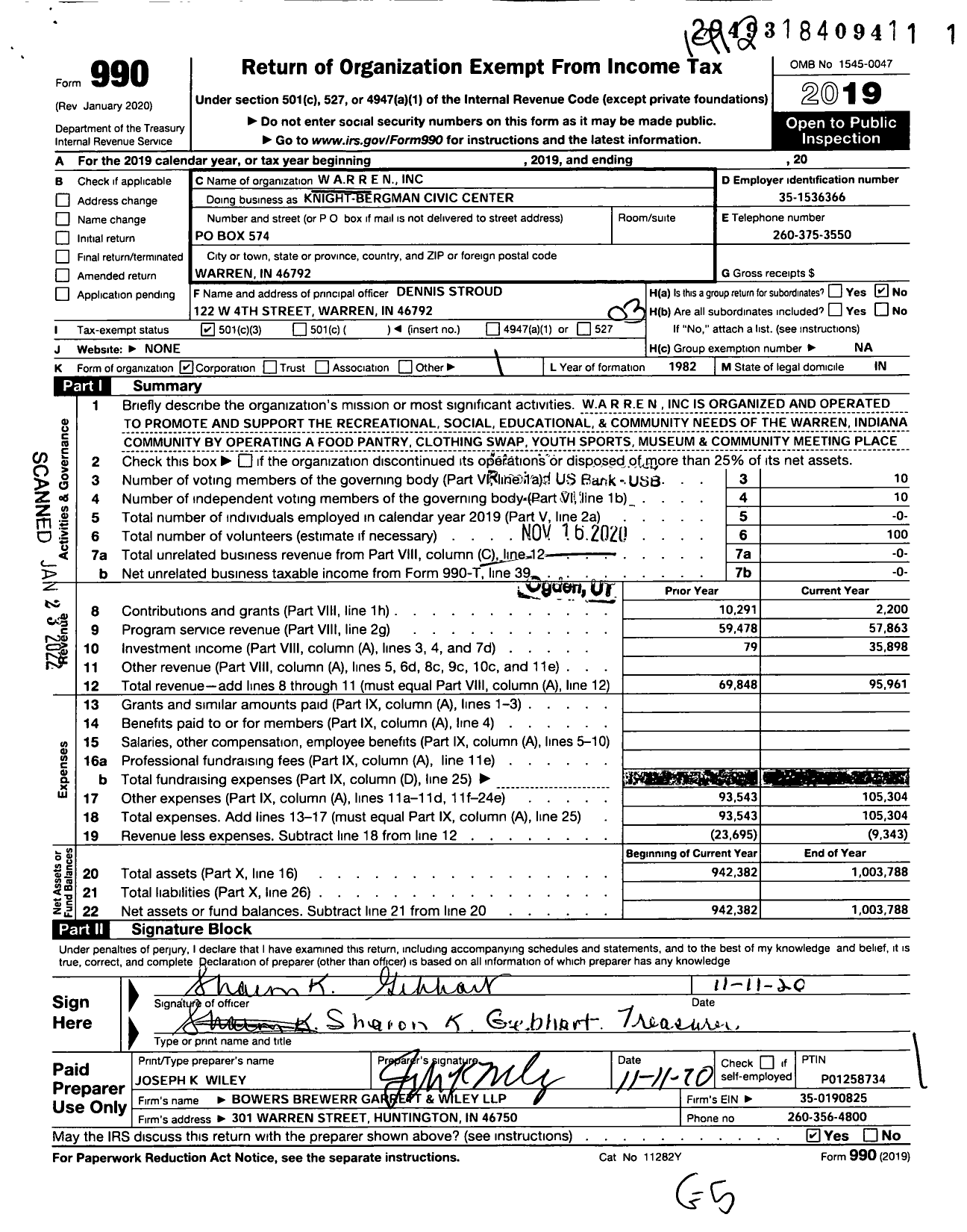 Image of first page of 2019 Form 990 for Knight-Bergman Civic Center