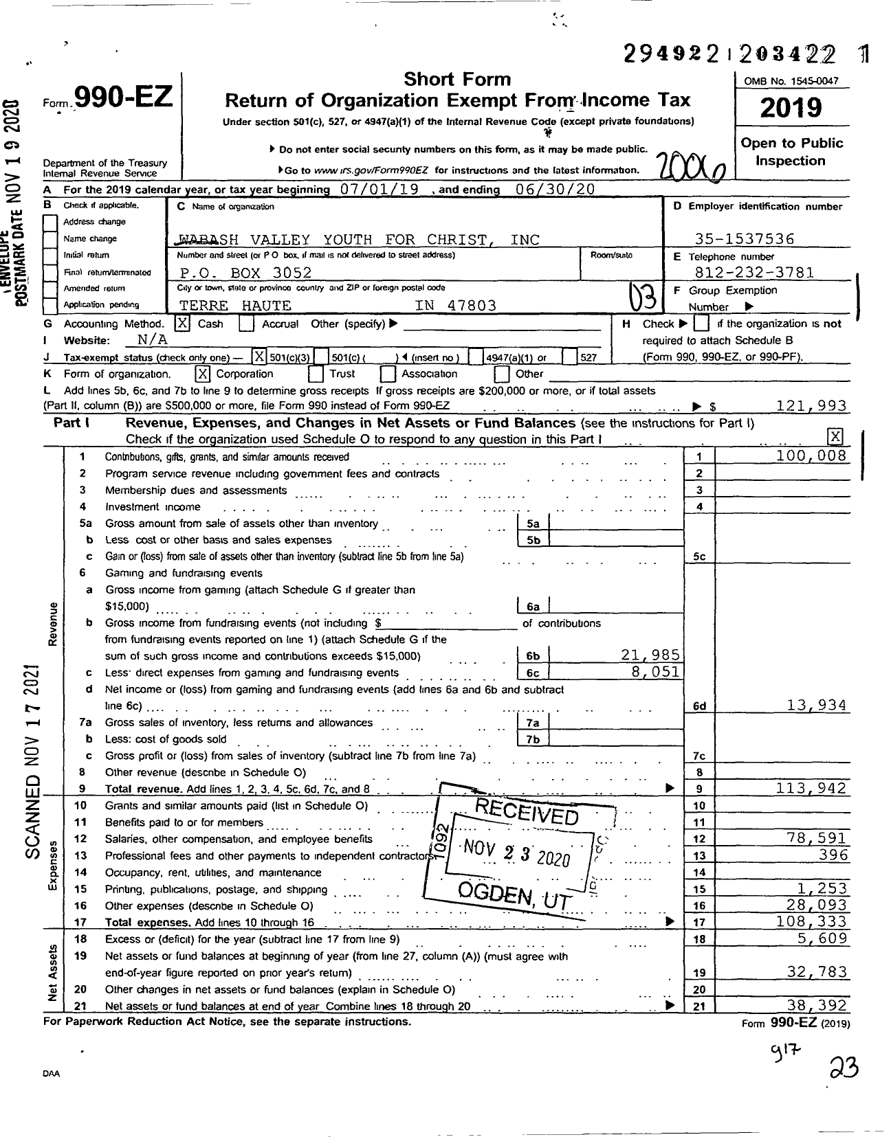 Image of first page of 2019 Form 990EZ for Youth for Christ - Wabash Valley