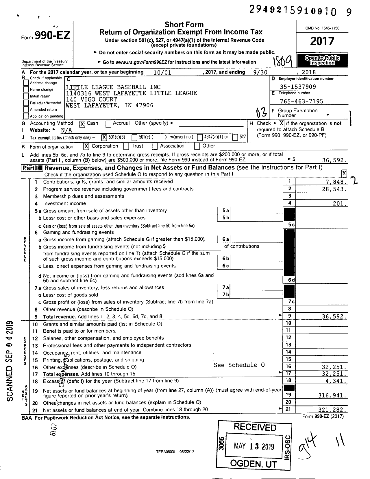 Image of first page of 2017 Form 990EZ for Little League Baseball - 1140316 West Lafayette LL