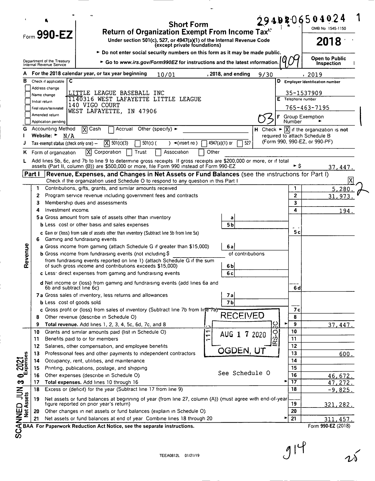 Image of first page of 2018 Form 990EZ for Little League Baseball - 1140316 West Lafayette LL