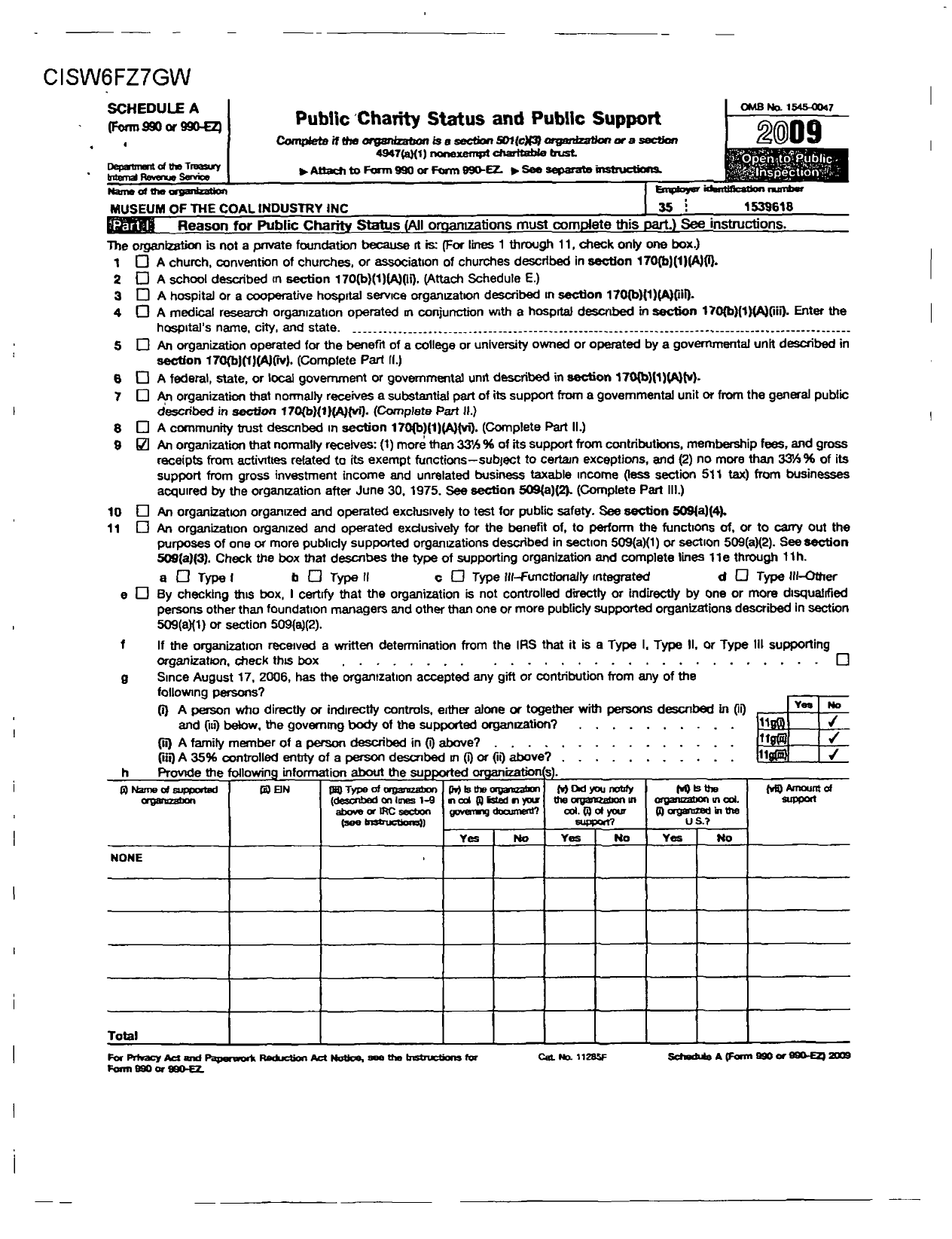 Image of first page of 2009 Form 990R for Museum of the Coal Industry