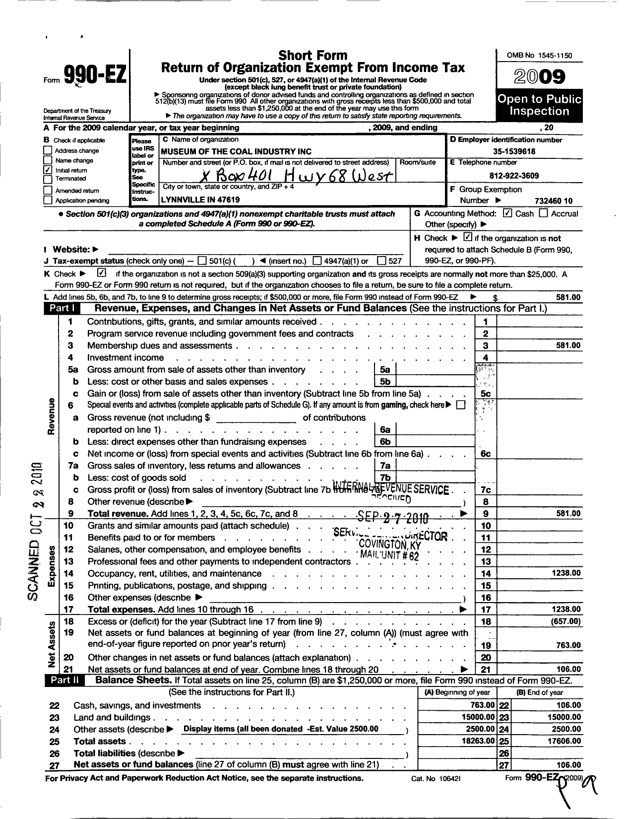 Image of first page of 2009 Form 990EO for Museum of the Coal Industry