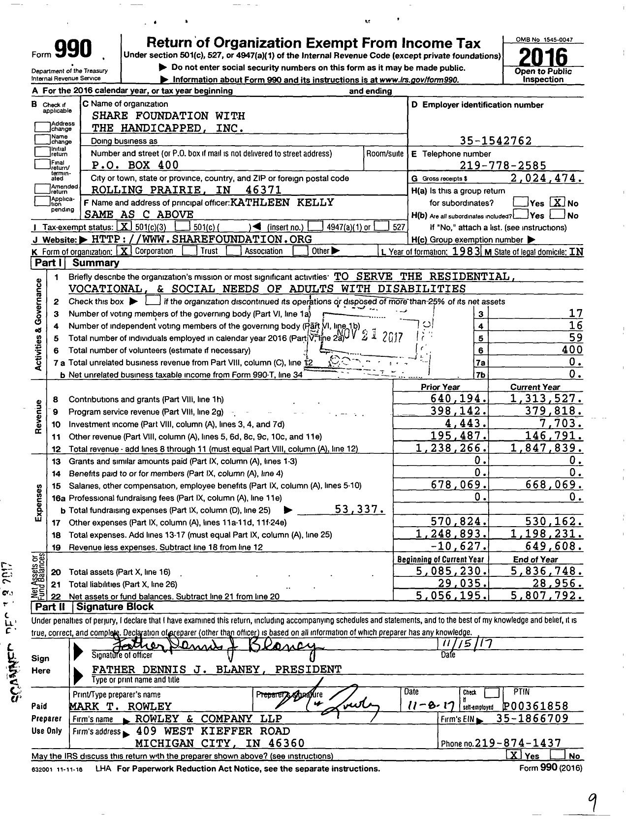 Image of first page of 2016 Form 990 for Share Foundation with the Handicapped
