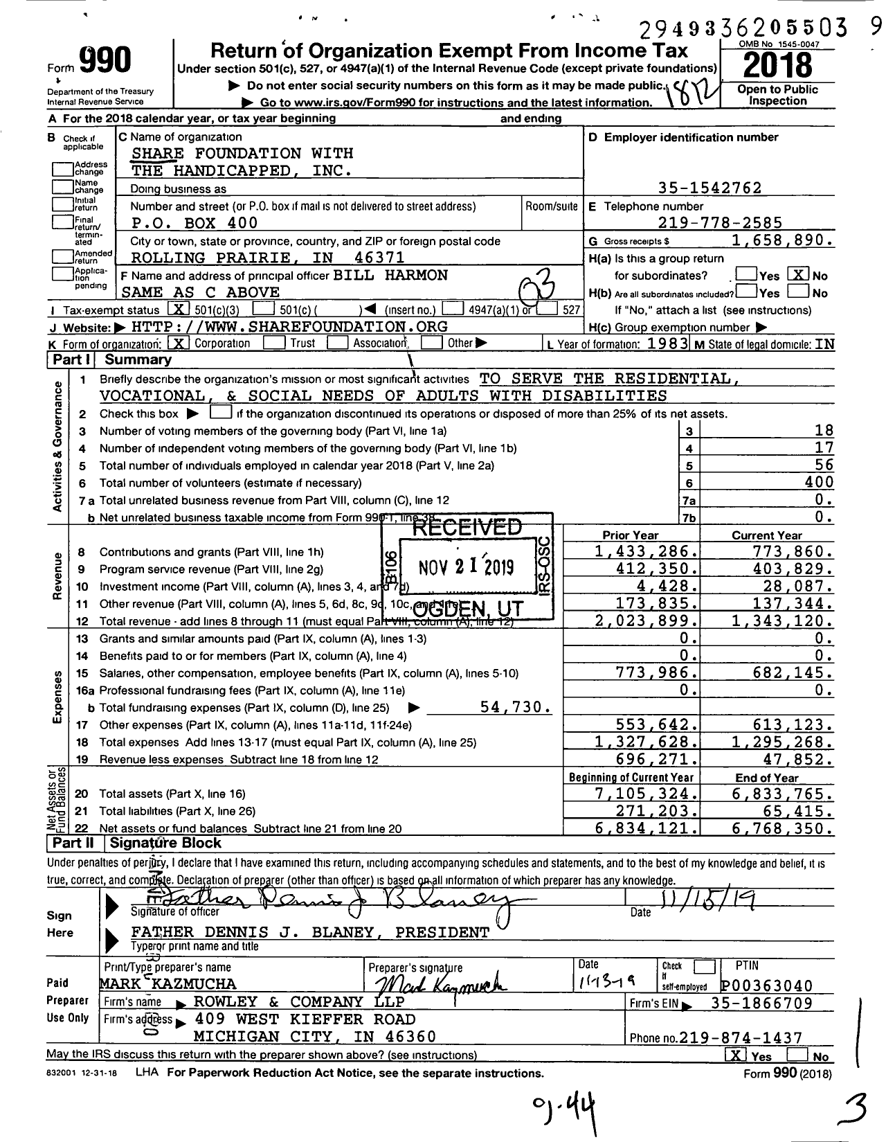 Image of first page of 2018 Form 990 for Share Foundation with the Handicapped