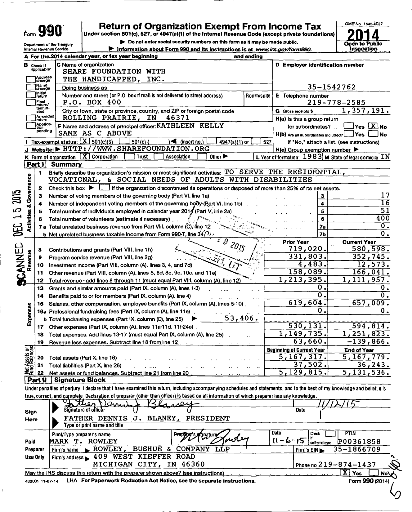 Image of first page of 2014 Form 990 for Share Foundation with the Handicapped