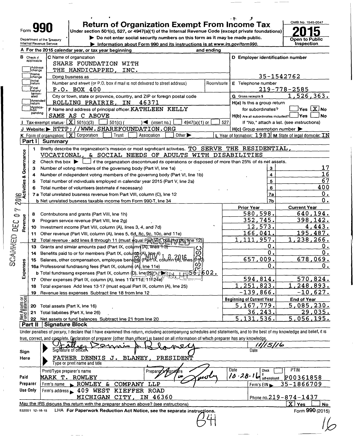 Image of first page of 2015 Form 990 for Share Foundation with the Handicapped