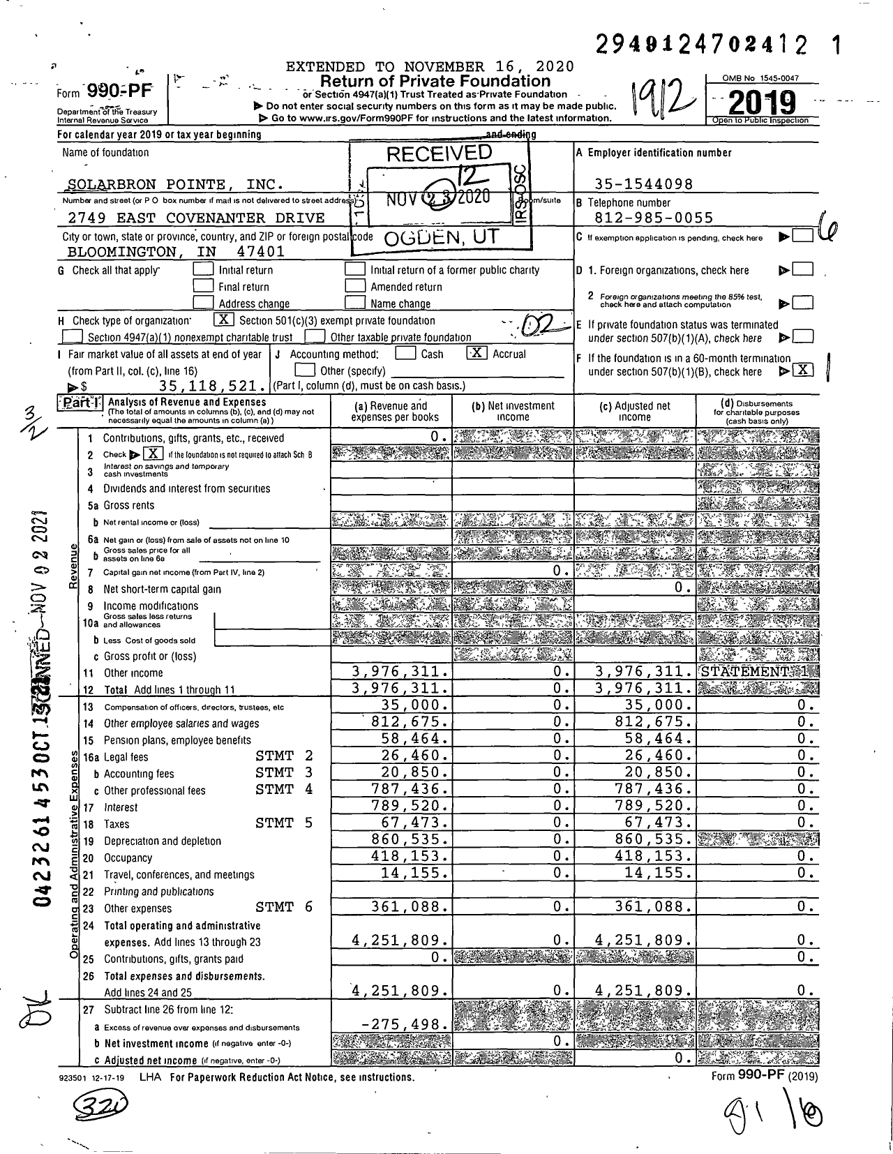 Image of first page of 2019 Form 990PF for Solarbron Pointe