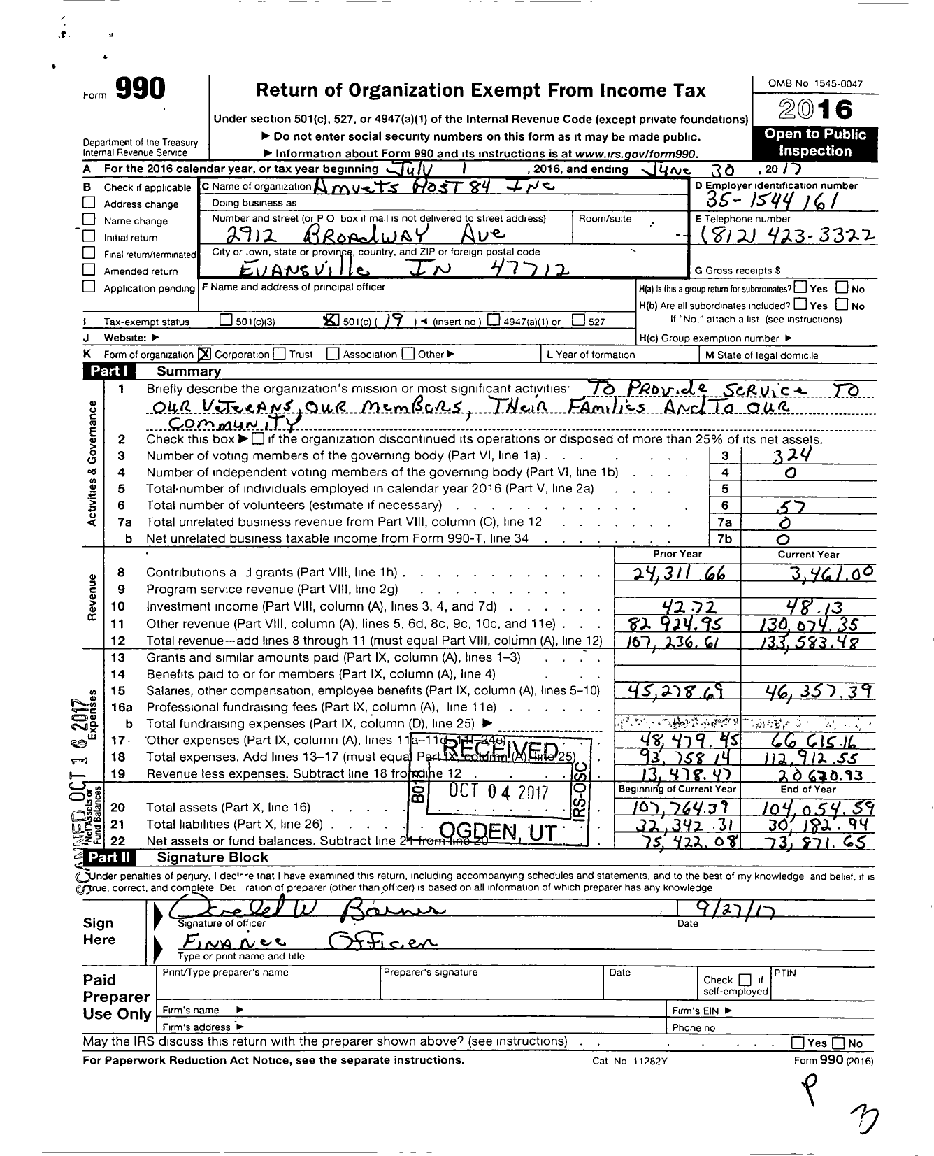 Image of first page of 2016 Form 990O for Amvets - Amvets Post 84