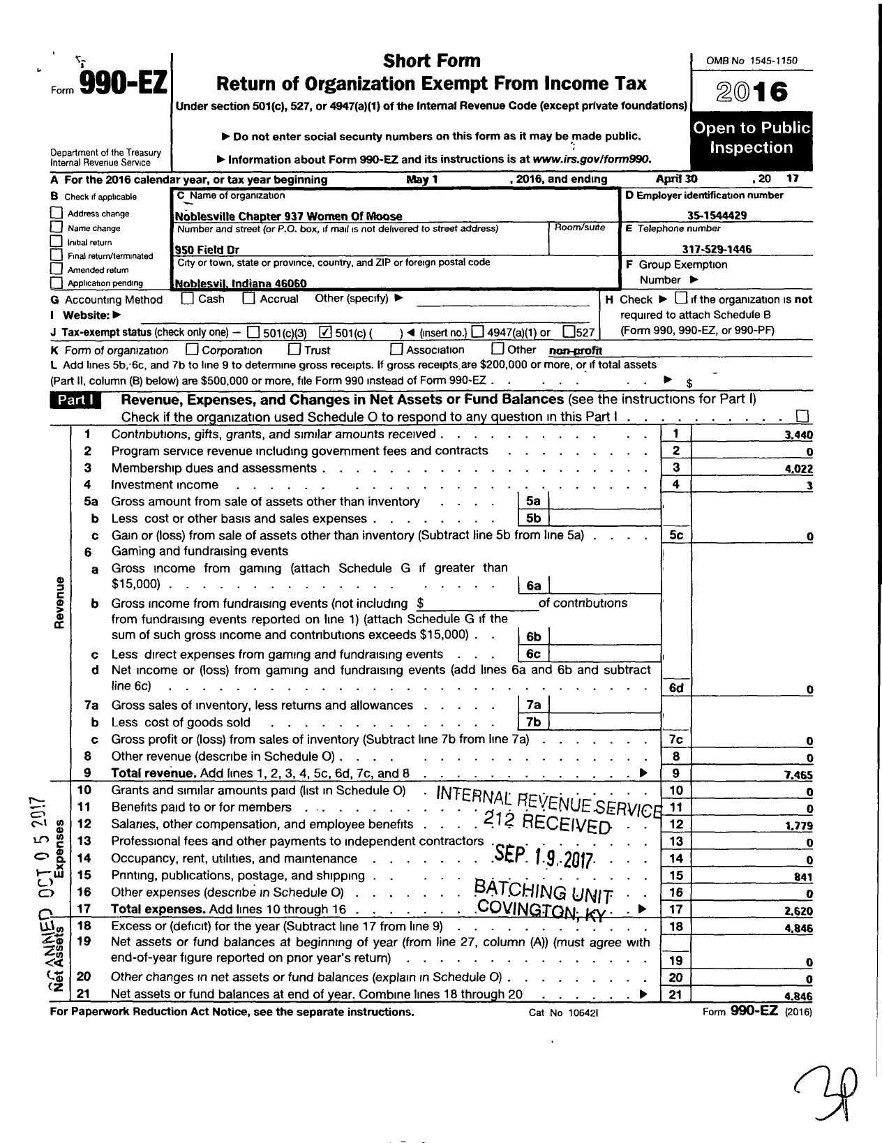 Image of first page of 2016 Form 990EO for Noblesville Chapt No 937 Women of the Moose