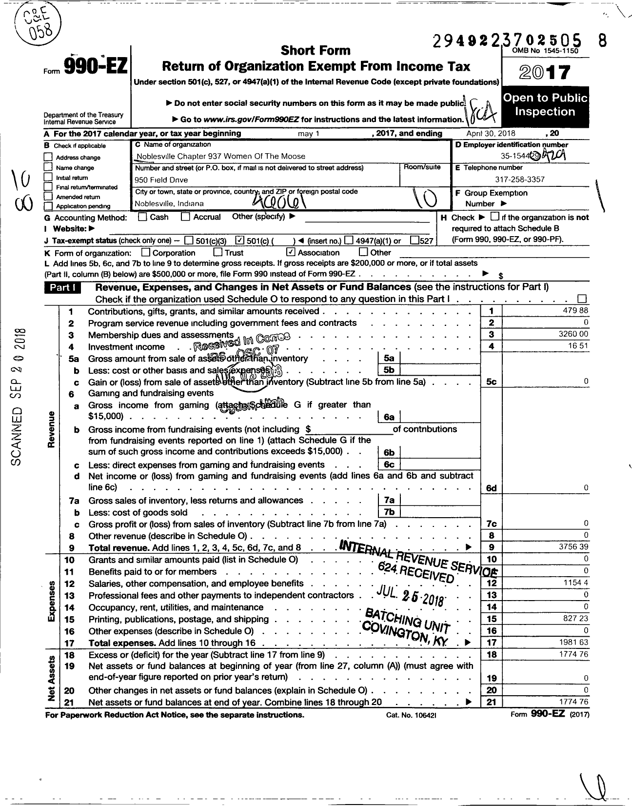 Image of first page of 2017 Form 990EO for Noblesville Chapt No 937 Women of the Moose