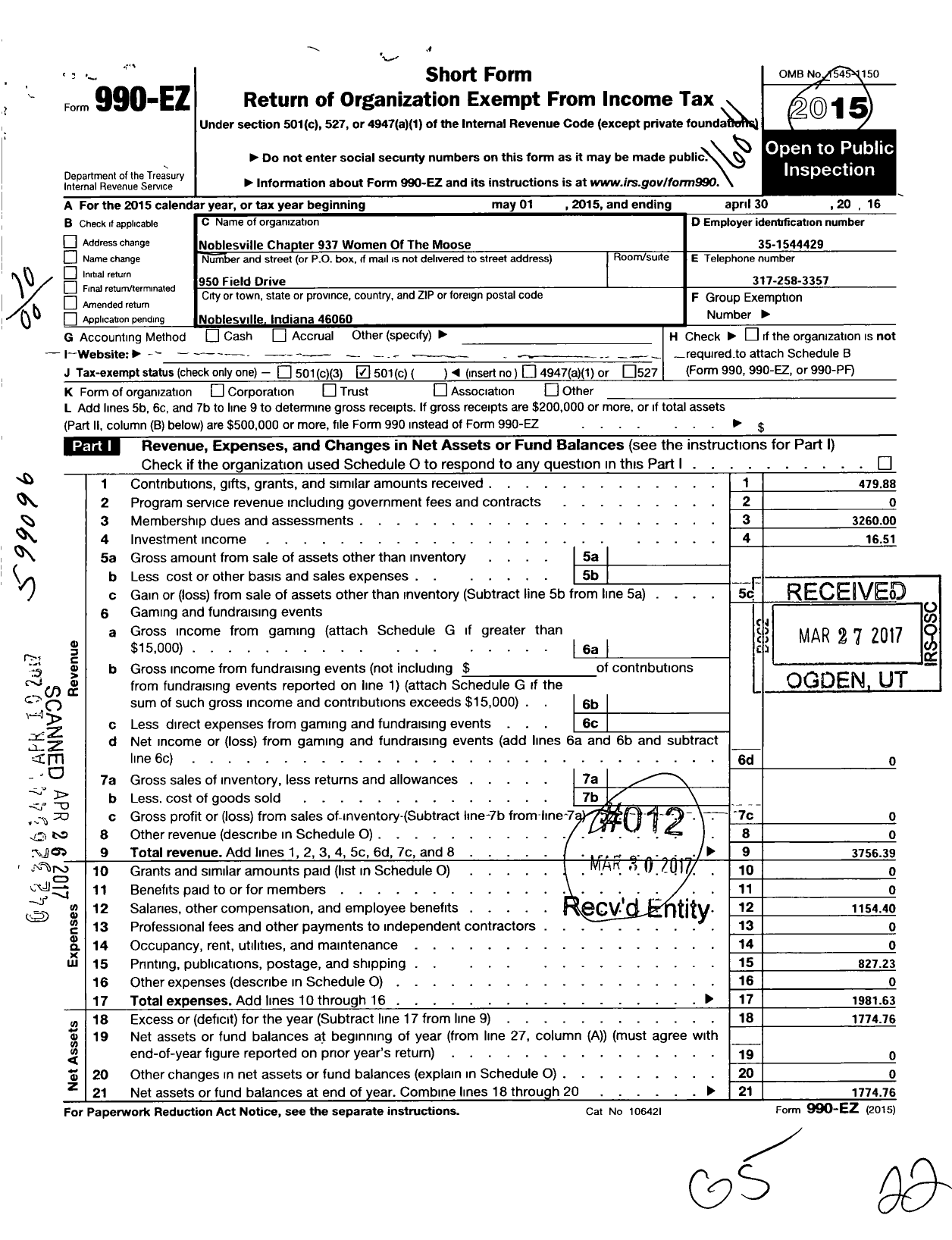 Image of first page of 2015 Form 990EO for Noblesville Chapt No 937 Women of the Moose